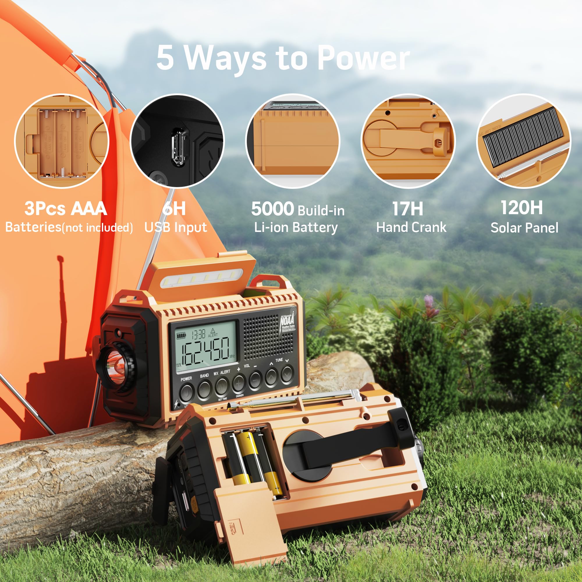 5000 Emergency Weather Radio With Am/Fm/Noaa/Sw, 5 Ways Powered Solar Hand Crank Alert Radio With Lcd Display&Sos, Portable Radi