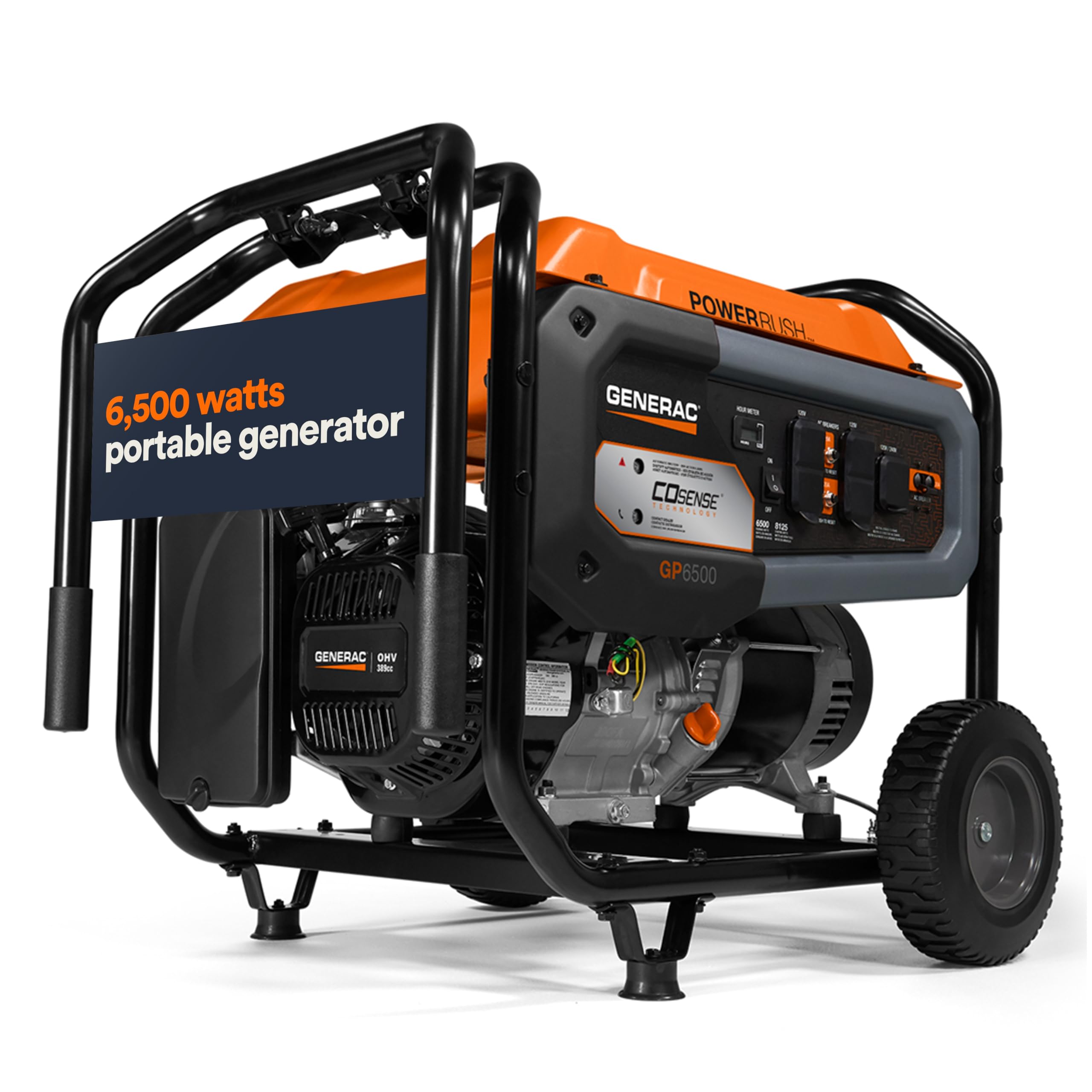 Generac 7680 Gp6500 6,500 Watt Gas Powered Portable Generator   Cosense Technology   Powerrush Advanced Technology   Reliable Po