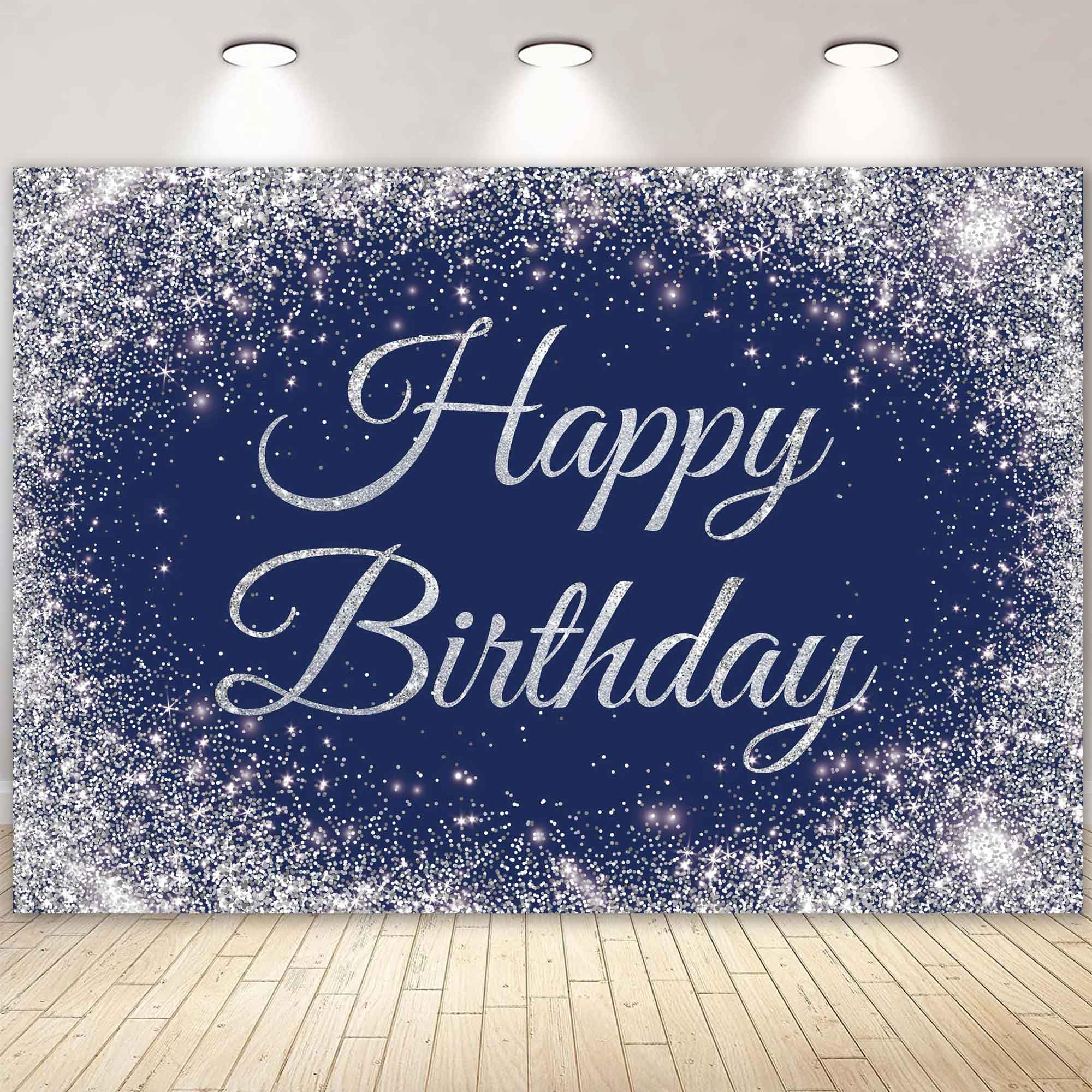 Livucee 10X8Ft Navy Blue And Silver Happy Birthday Banner Backdrop Glitter Spots Decorations Photography Background Party Wall S