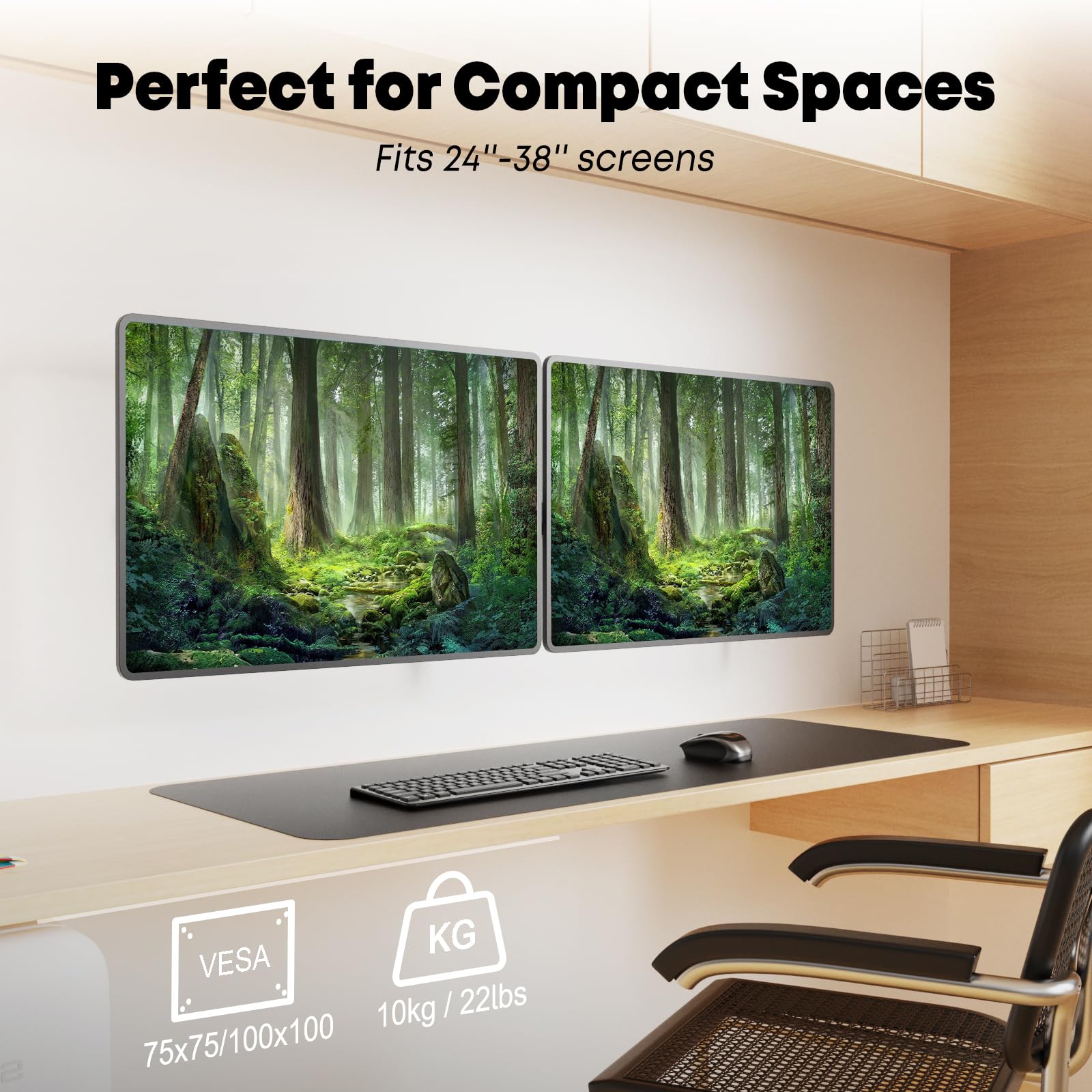 Dual Monitor Wall Mount For 24-38-Inch - Ultrawide Dual Wall Mount Monitor Arm, Flush Wall Setup, Max Load 22Lbs Per Monitor, Ve