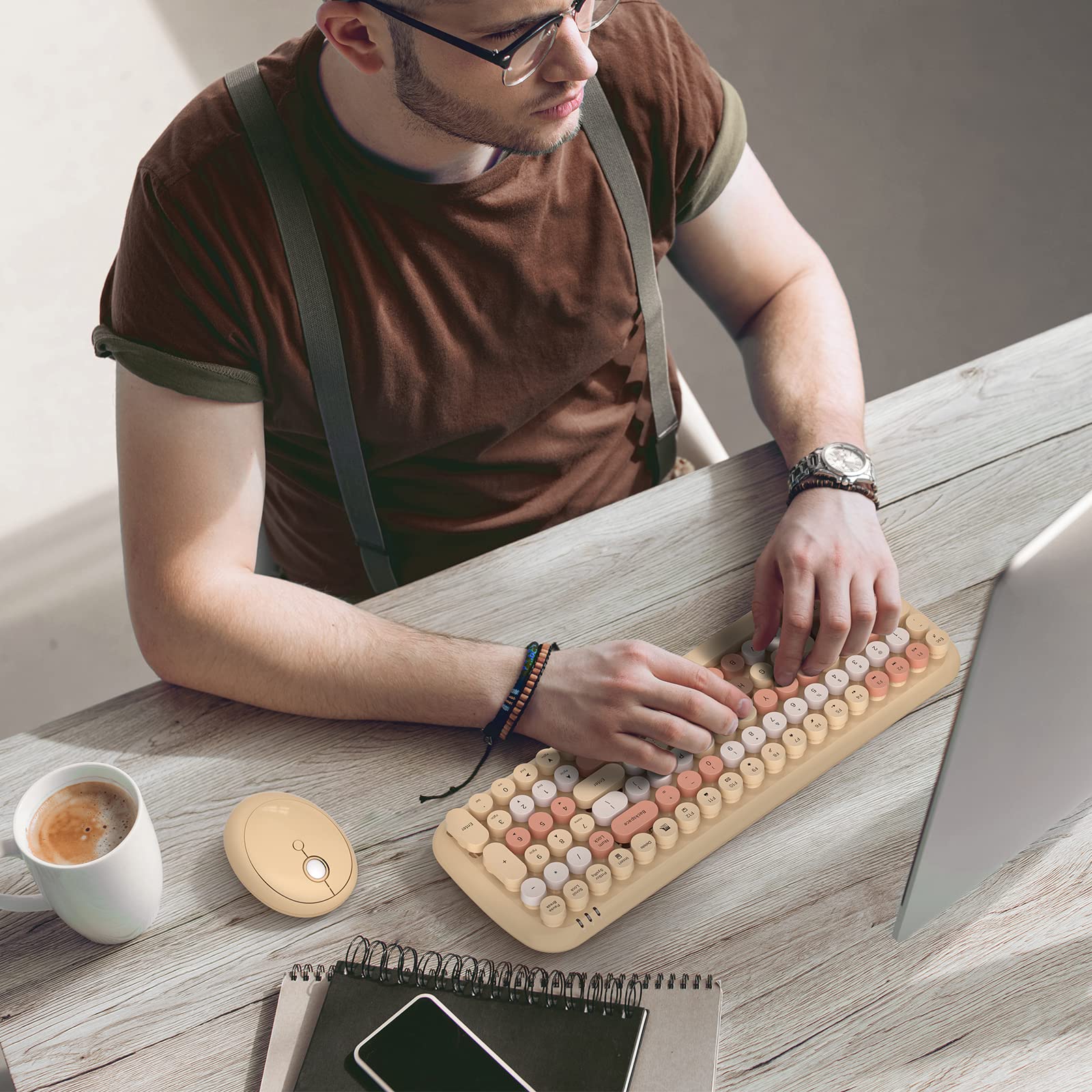 Knowsqt Wireless Keyboard And Mouse Combo, Light Milktea 100 Keys 2.4 Ghz Round Keycap Typewriter Keyboards, Usb Receiver Plug A