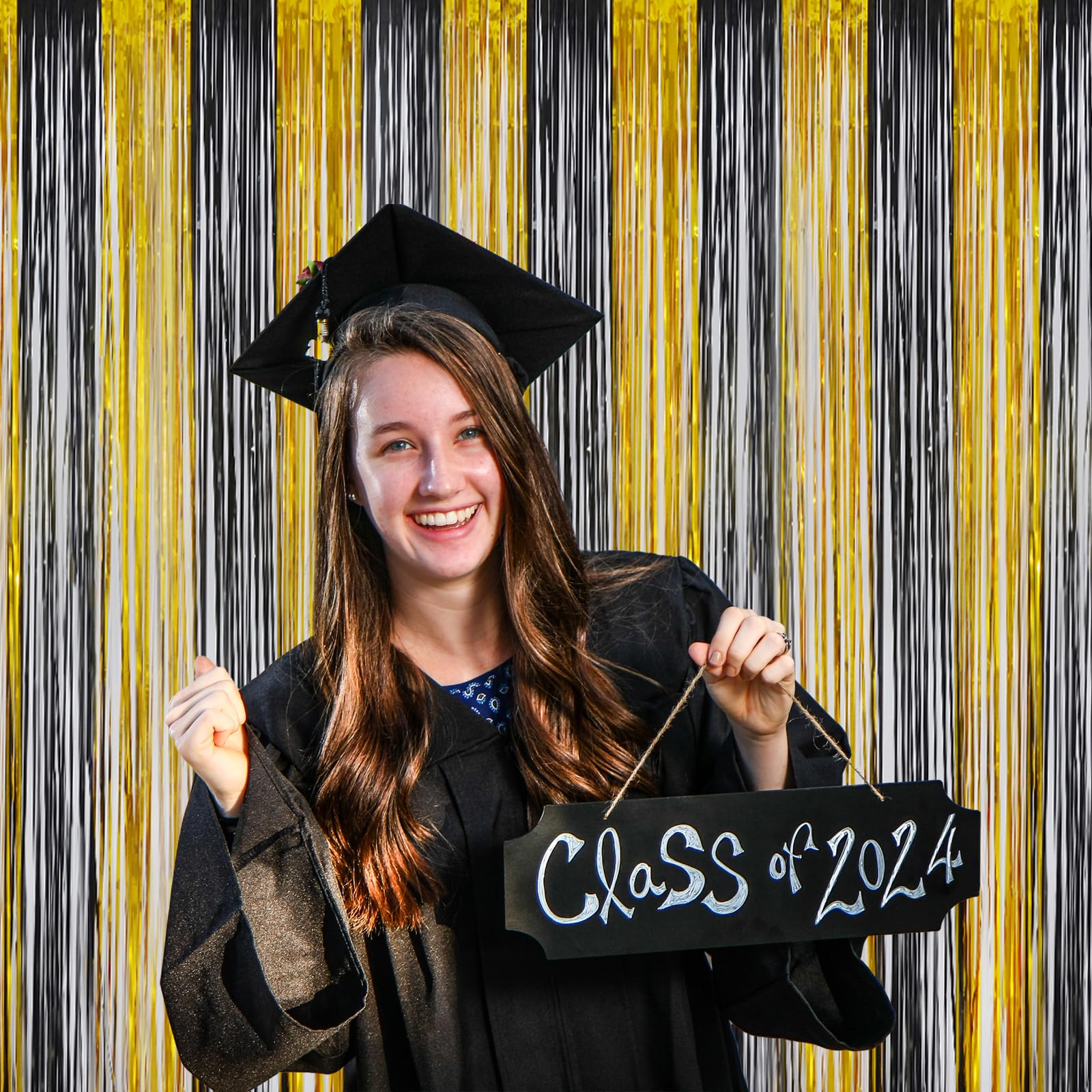 Melsan Black And Gold Party Streamers Decoration   3.2Ft X 8Ft Glitter Foil Fringe Curtain For New Year Eve, Anniversary, Retire