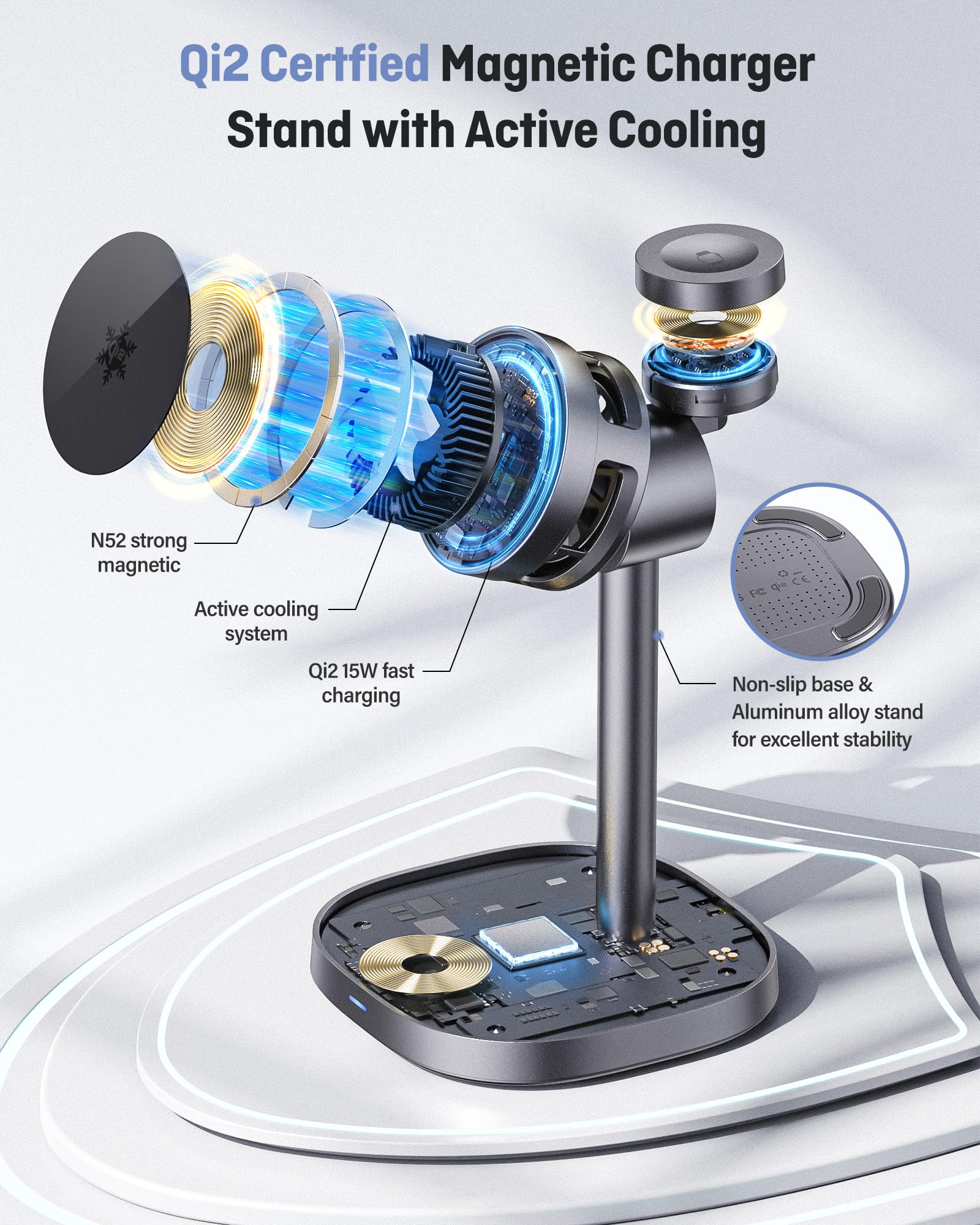 2025 New Magnetic Wireless Charger Stand With Active Cooling Fan, 15W Qi2-Certified 3 In 1 Charging Station For Apple Charger St