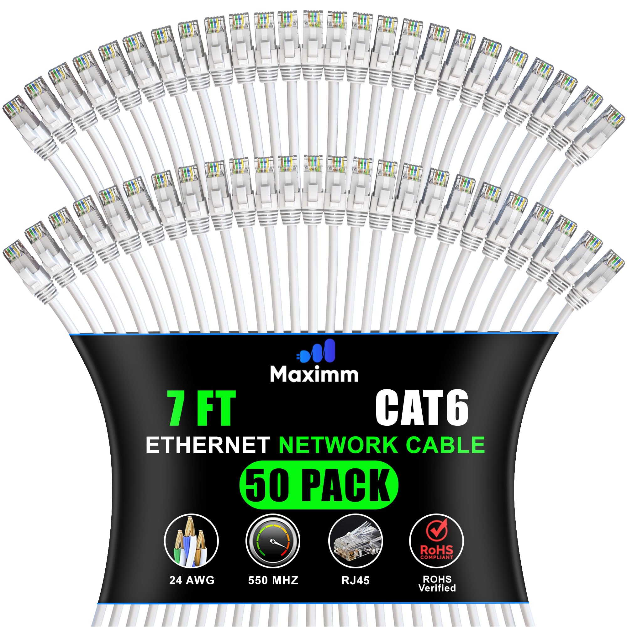 Maximm Cat 6 Ethernet Cable 7 Ft, (50-Pack) Cat6 Cable, LAN Cable, Internet Cable, Patch Cable and Network Cable - UTP (White) 7