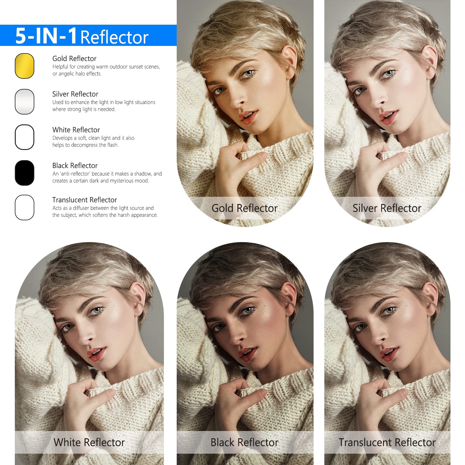 Neewer 47''X71''/120X180Cm Light Reflectors For Photography, Portable 5 In 1 Collapsible Multi Disc With Bag   Translucent, Silv