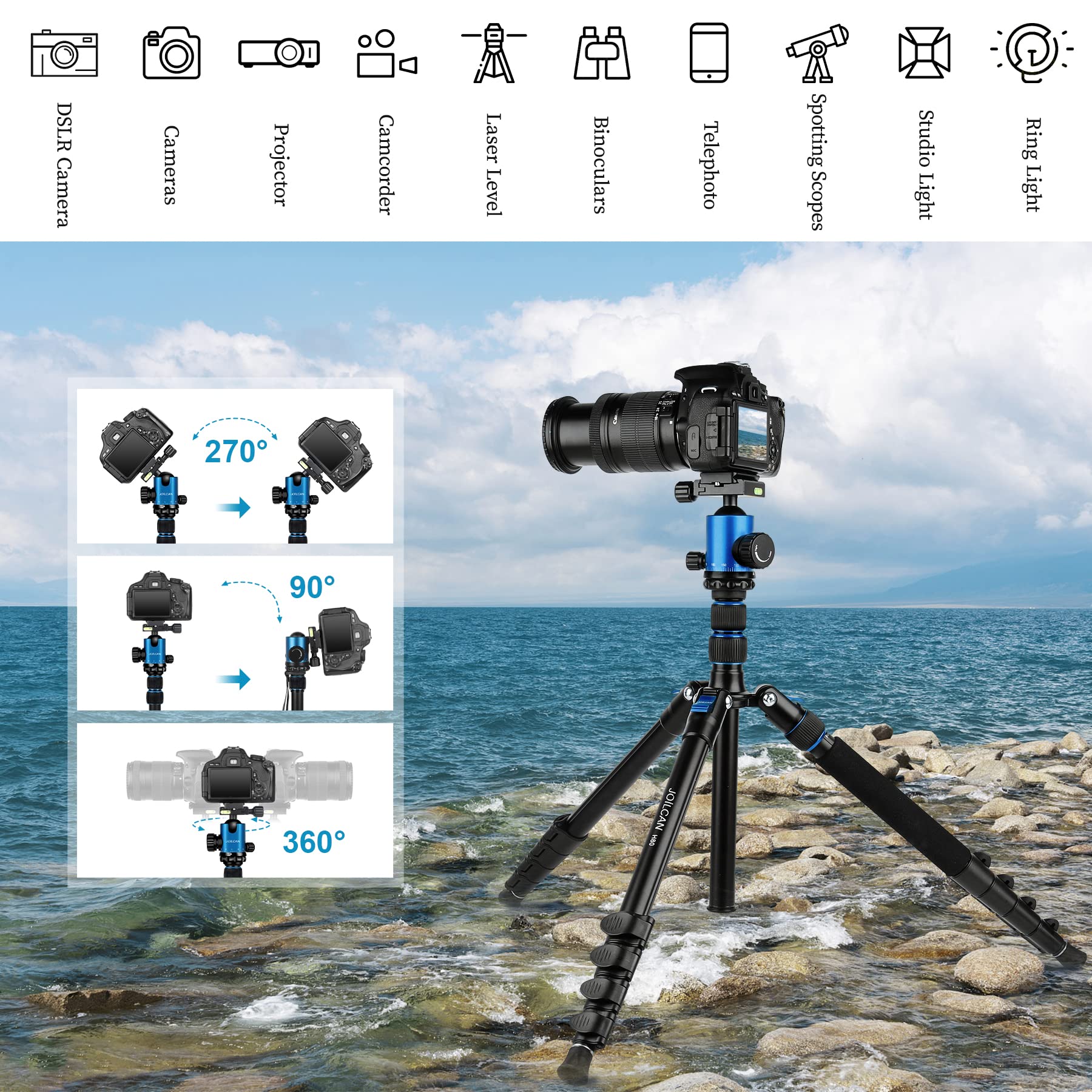 Tripod For Camera, 81'' Camera Tripod Stand, 83 Inches Dslr Tripods & Monopods, Heavy Duty Travel Tripod For Binoculars Laser Le