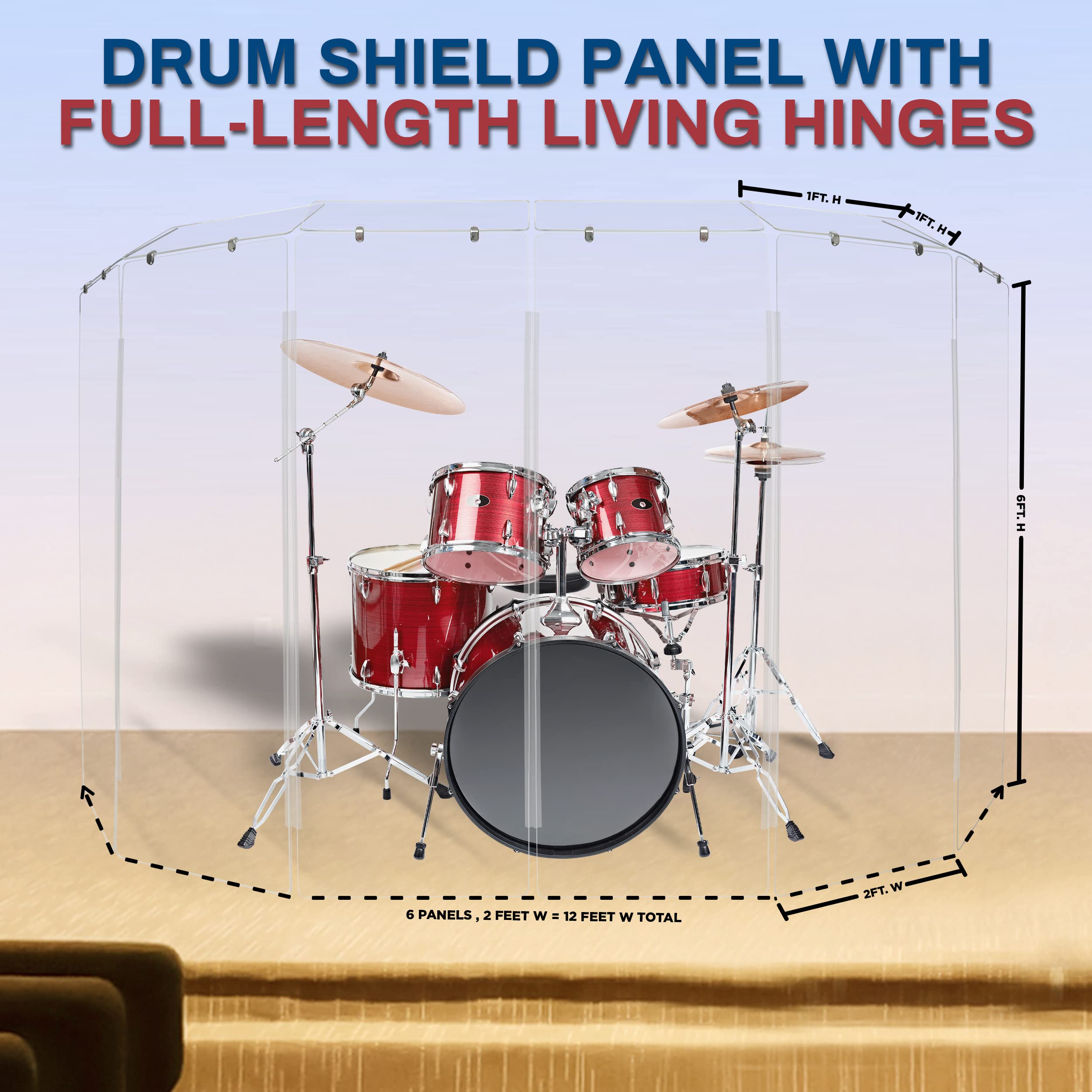 Pennzoni Drum Shield 6Ft W/Plastic Hinges & Deflectors, Comes W/ 6 Drum Panels, Plastic Hinges & Deflectors, Premium Clear Acryl