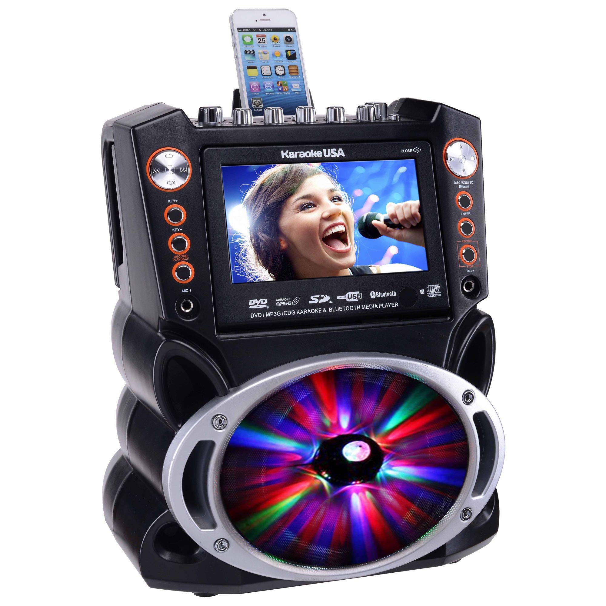 Karaoke Usa Gf845 Complete Karaoke System With 2 Microphones, Remote Control, 7    Color Display, Led Lights   Works With Dvd, B