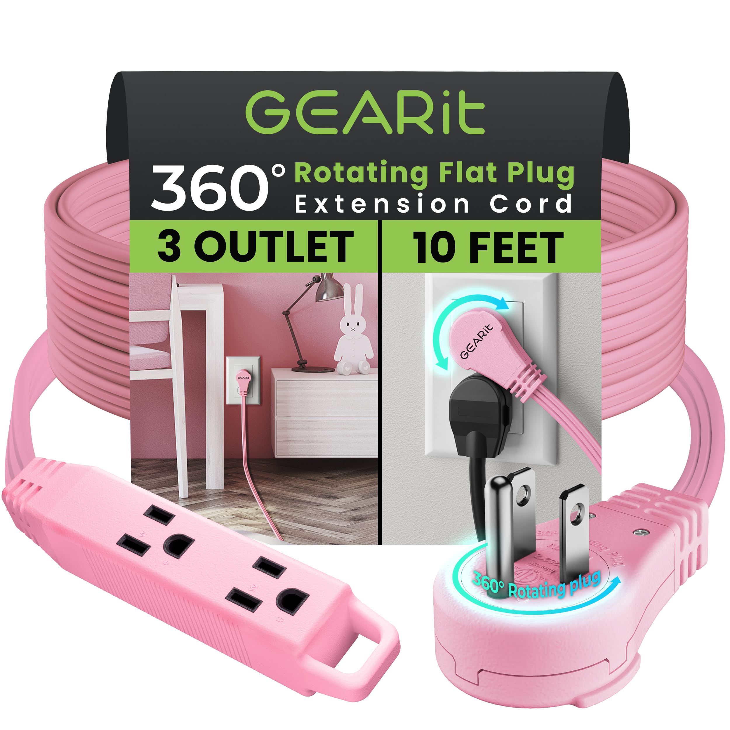 Gearit 360 Rotating Flat Plug Extension Cord With 3 Outlets (10Ft, Pink) 16Awg/13A 3 Prong Wire, Outlet Saver For Home Office Do