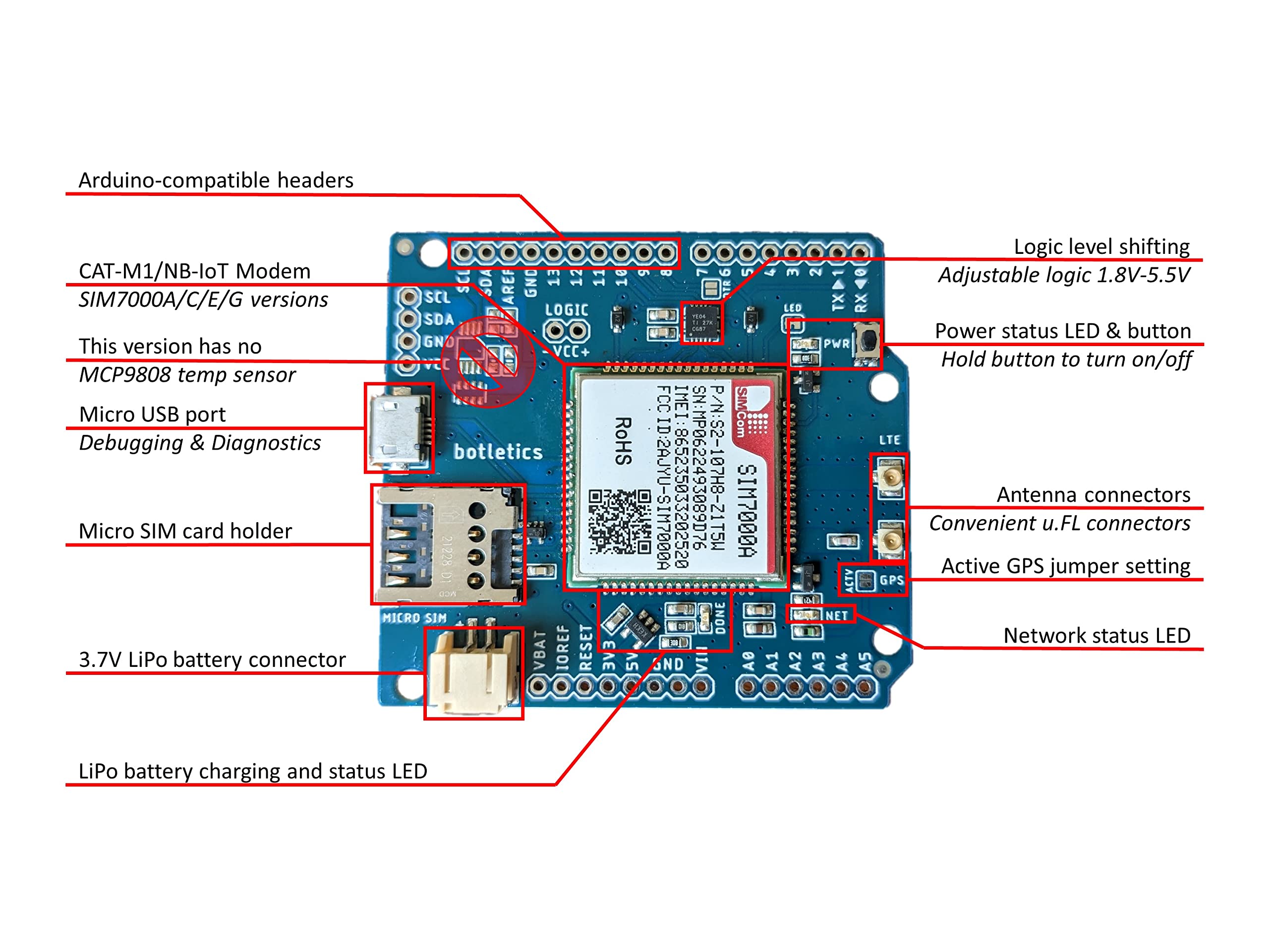 Botletics Sim7000 Lte Cat M1 Nb Iot Cellular + Gps + Antenna Shield Kit For Arduino (Sim7000A)