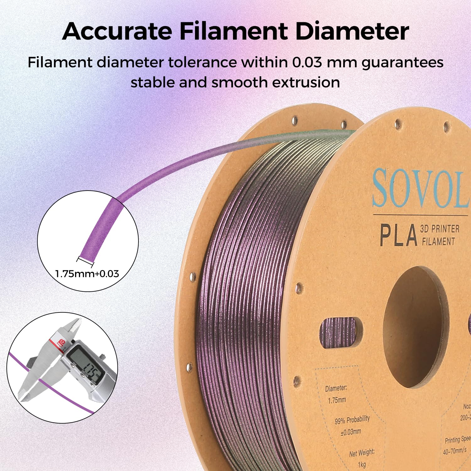 Sovol Silk Pla Filament With Purple Glitter 1Kg 1.75Mm, Color Changeable 3D Printer Filament 2.2Lbs, Chameleon Shiny Pla Materia