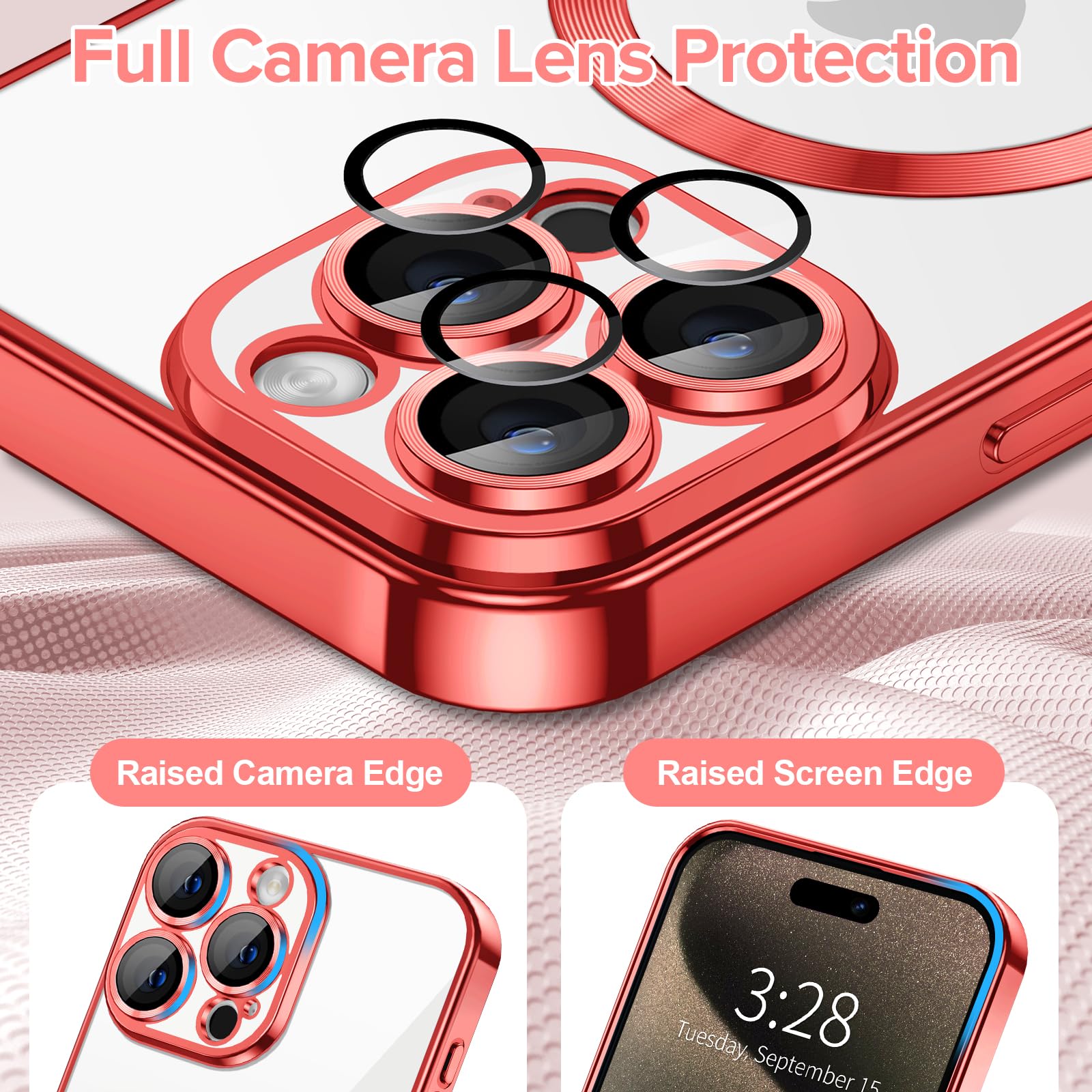 Hython Magnetic Clear Case For Iphone 15 Pro Case With Camera Lens Protector [Compatible With Magsafe] Slim Luxury Plating Edge