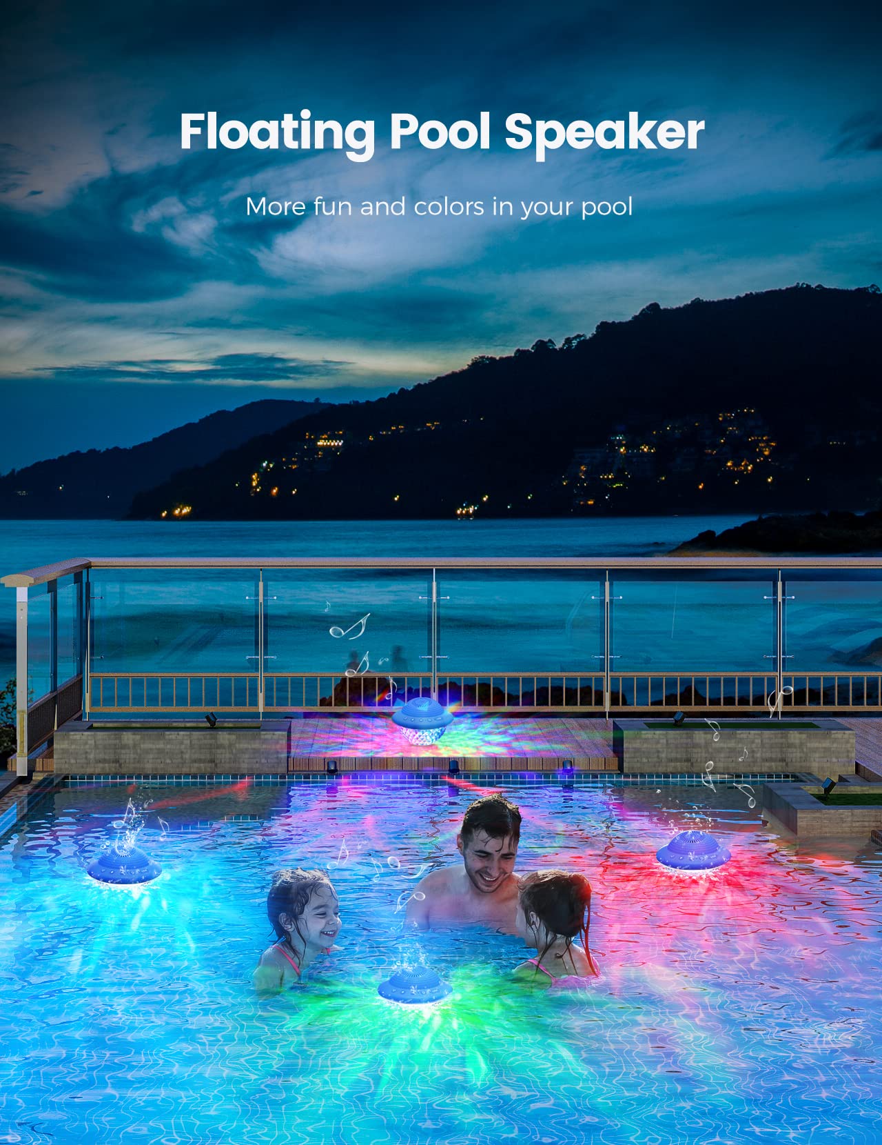 Floating Pool Speaker With Colorful Led Lights, Ipx7 Waterproof Hot Tub Bluetooth Speakers, 10W Stereo Loud Sound, Built In Mic,