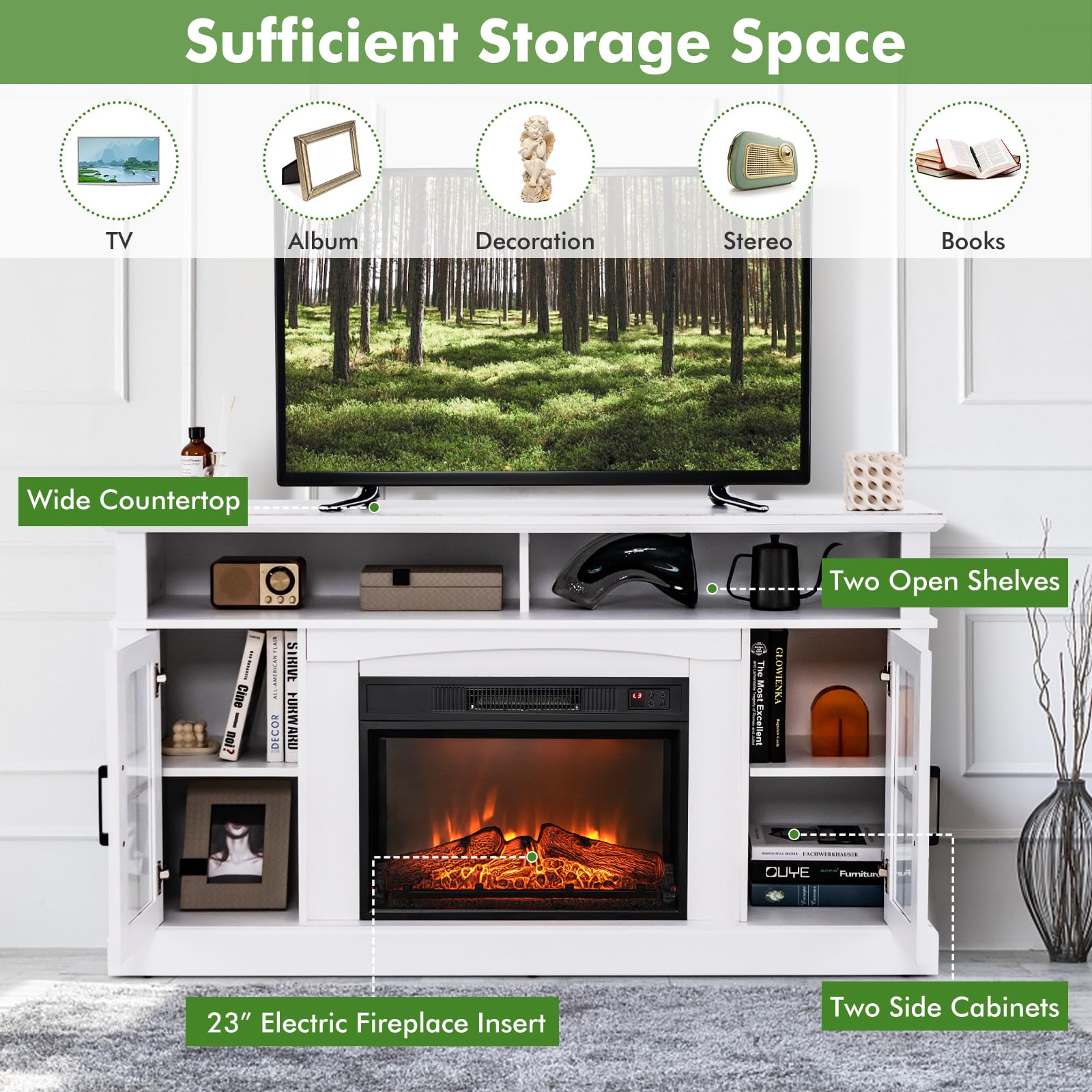 Simoe 58 In Tv Stand With 23 Inch Fireplace, Electric Fireplace Tv Console For Tvs Up To 65, Entertainment Center/W 2 Cabinets &