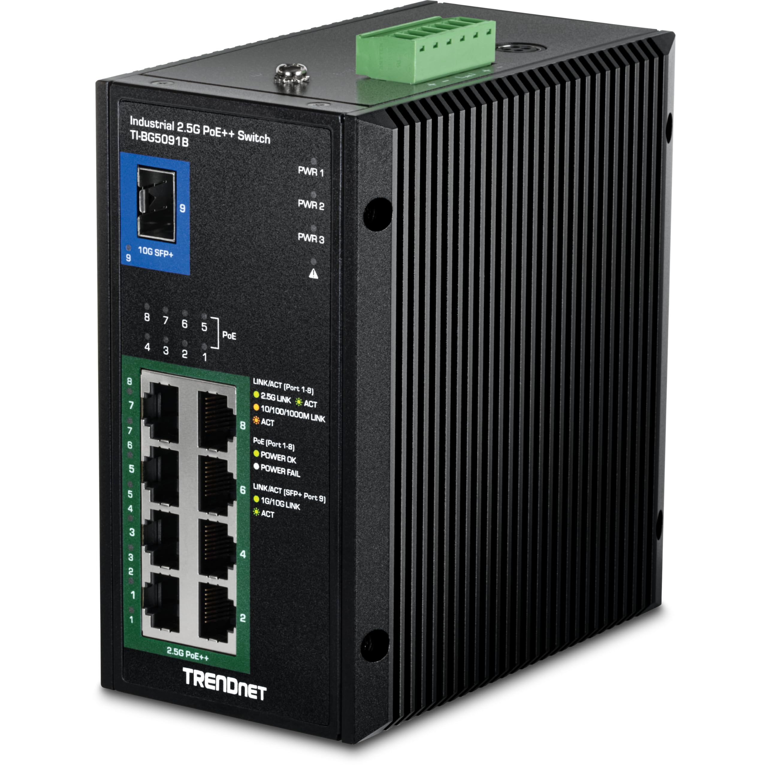 TRENDnet 9-Port Industrial 2.5G DIN-Rail PoE++ Switch with 10G SFP+ Port (24 - 57V), TI-BG5091B, 8 x 2.5G PoE++ Ports, 1 x 10G S