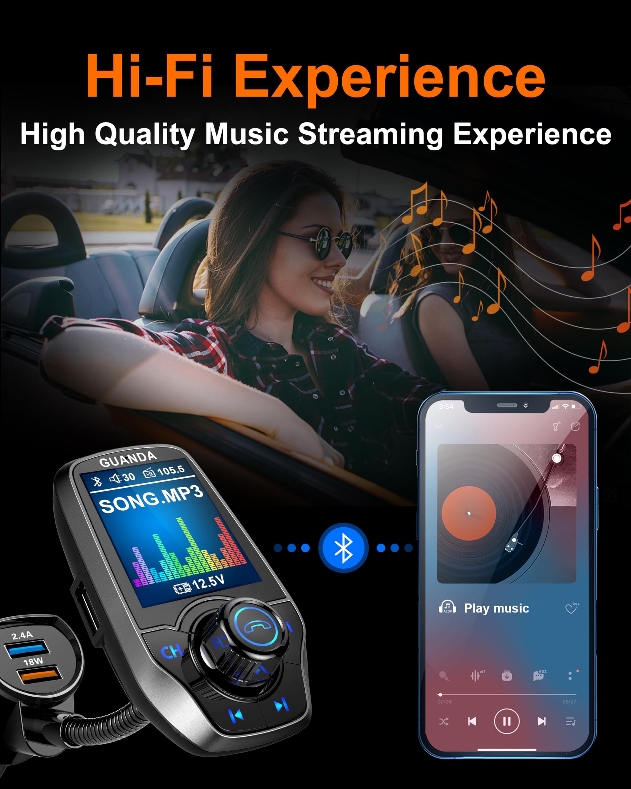 Upgraded Bluetooth Fm Transmitter For Car, Wireless Radio Adapter Kit W 1.8'' Color Display Hands Free Call Aux In/Out Sd/Tf Car