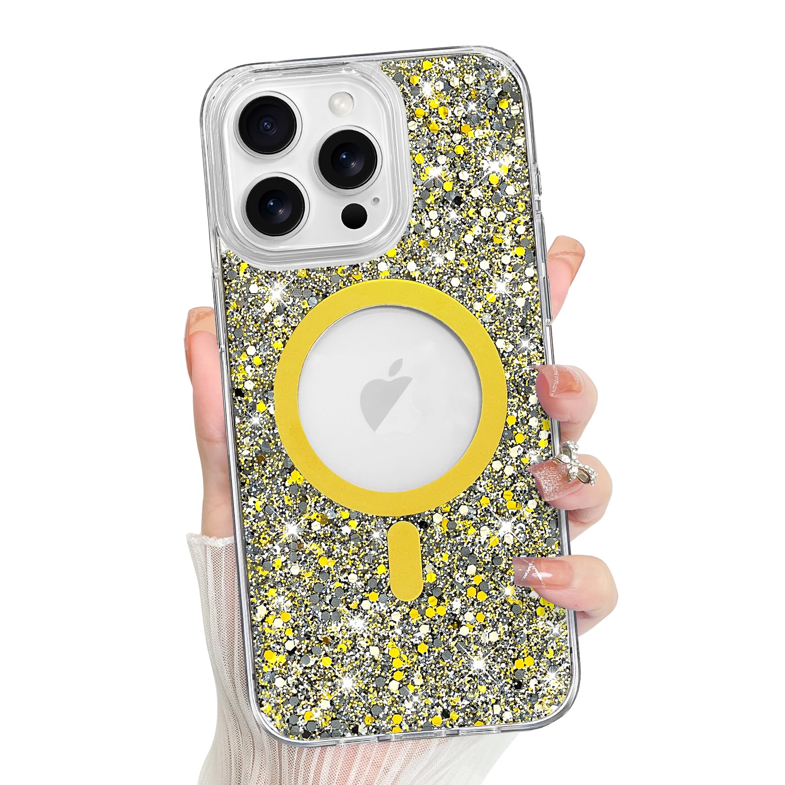 Bonoma For Iphone 16 Pro Max Case, Gold Glitter Bling Back, Magnetic Support For Magsafe Shockproof Case, Crystal And Clear High