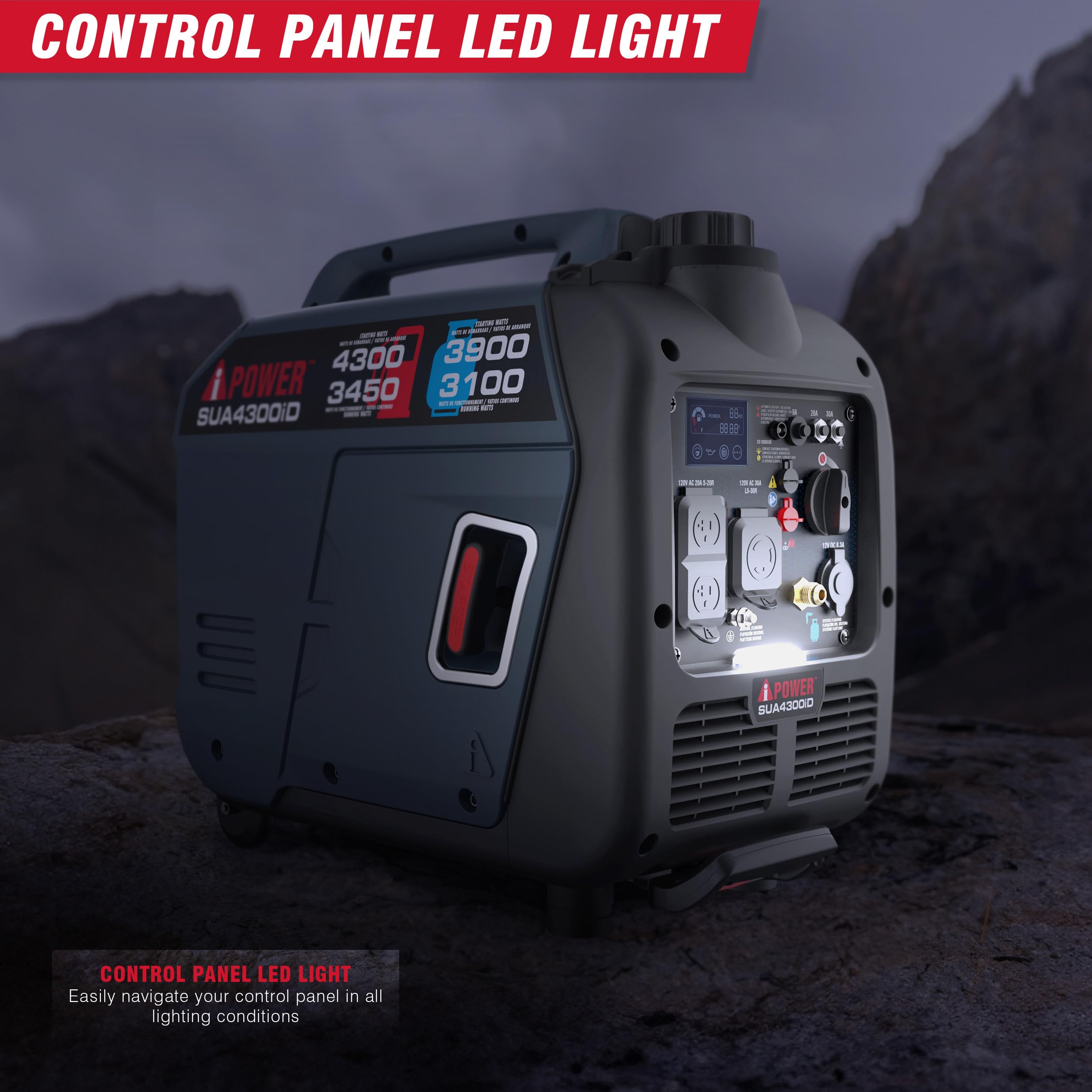 A Ipower Portable Inverter Generator Dual Fuel, 4300W Rv Ready, Epa & Carb Compliant Co Sensor, Light Weight With Telescopic Han