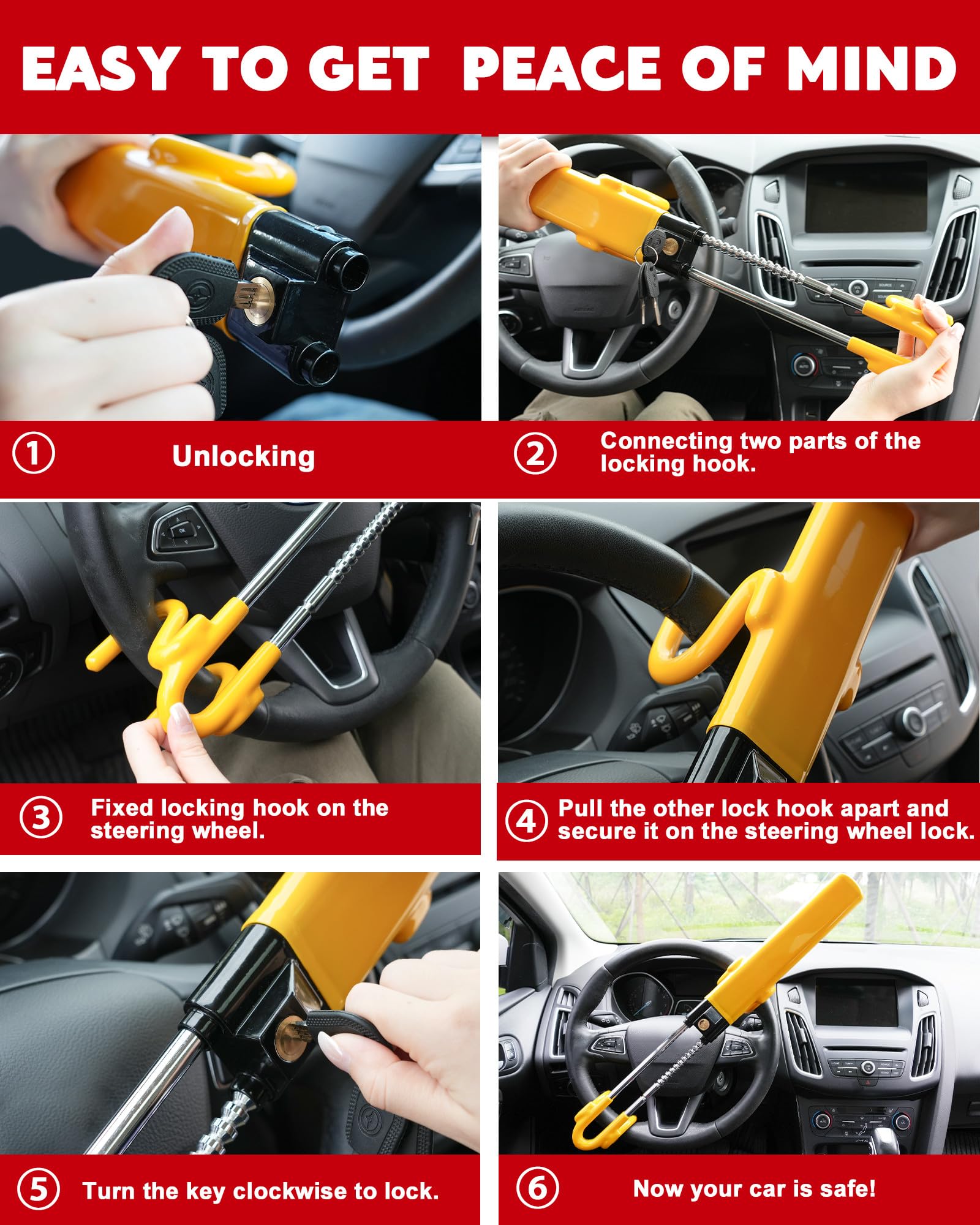 Tevlaphee Steering Wheel Lock - Heavy Duty Antitheft Device And Car Security Lock With Adjustable Locking And 3 Keys - Great Veh