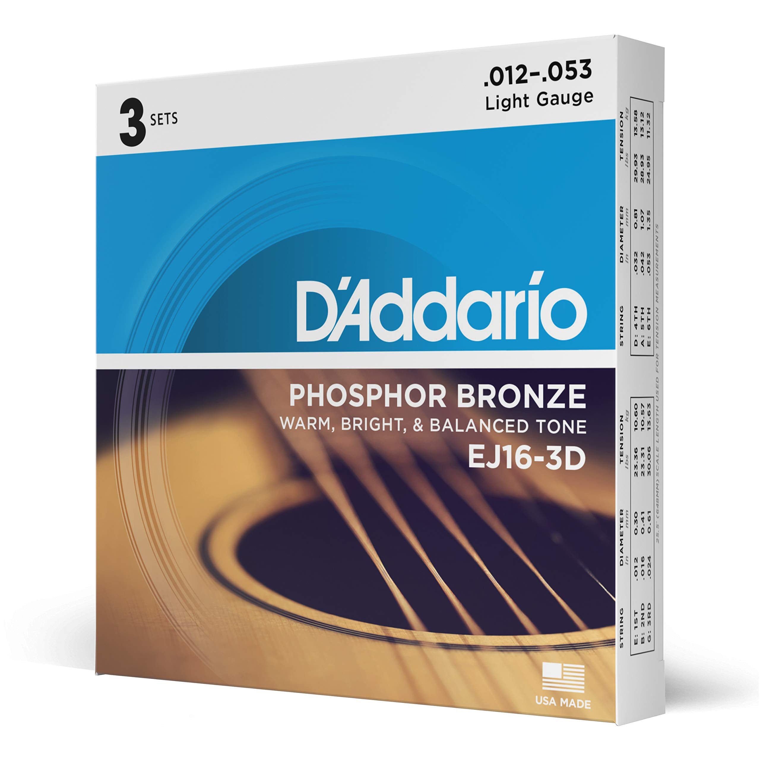 D'Addario Guitar Strings   Phosphor Bronze Acoustic Guitar Strings   Ej16 3D   Rich, Full Tonal Spectrum   For 6 String Guitars 