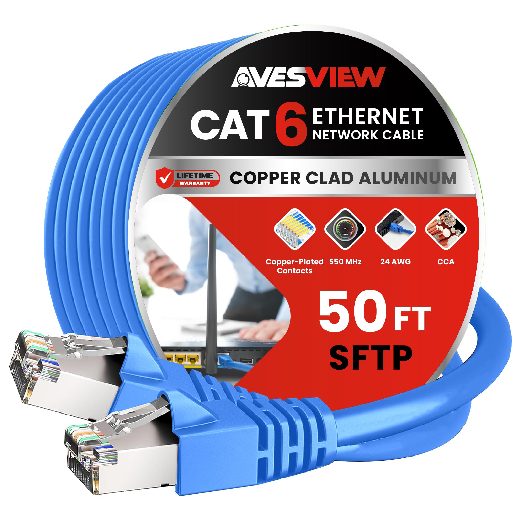 Avesview Cat 6 Shielded Ethernet Cable 50Ft, Indoor High Speed (Sftp) 10Gbps Snagless Shielded 50 Ft Ethernet Cable For Internet