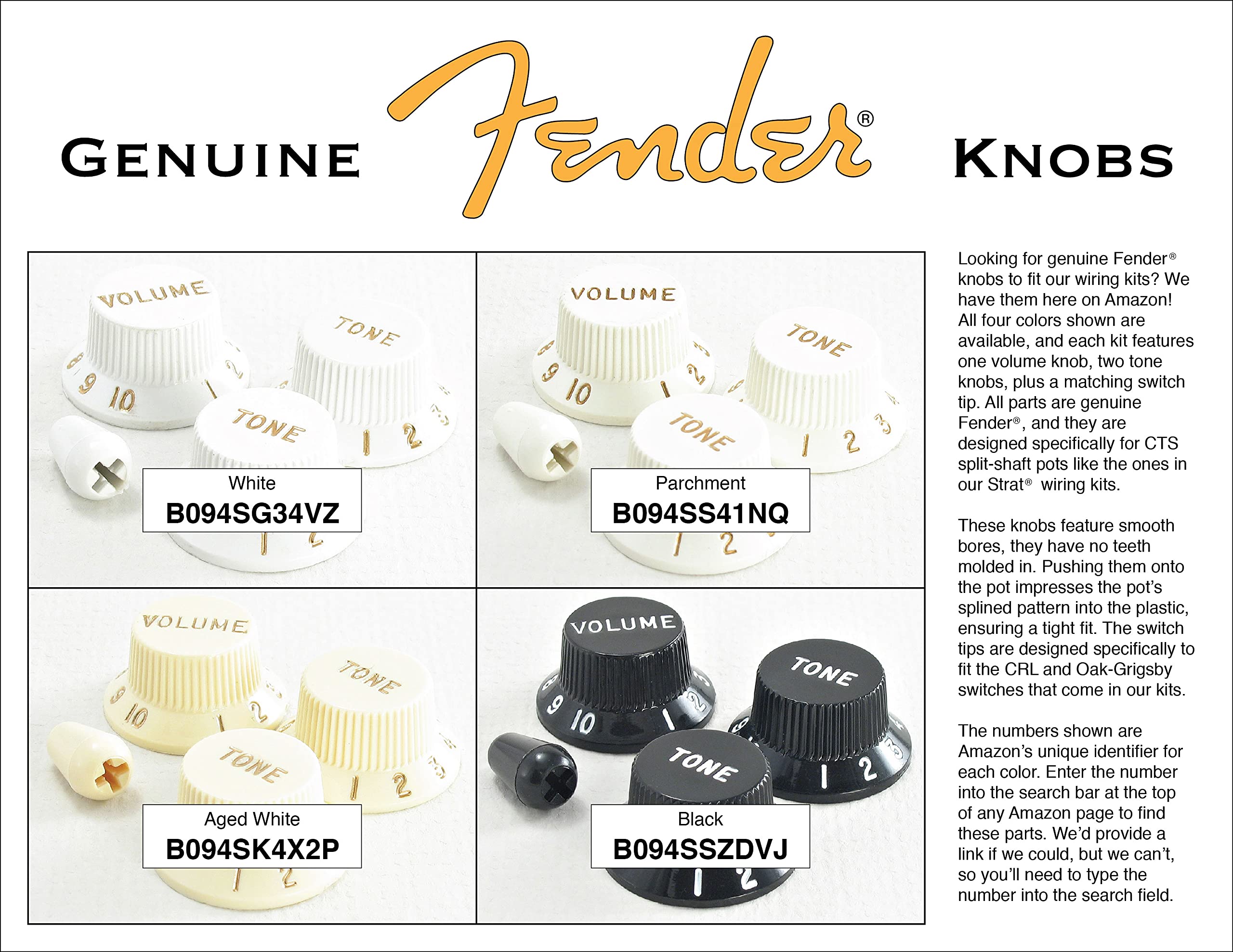 Toneshaper Fender Knob Set, Strat, White