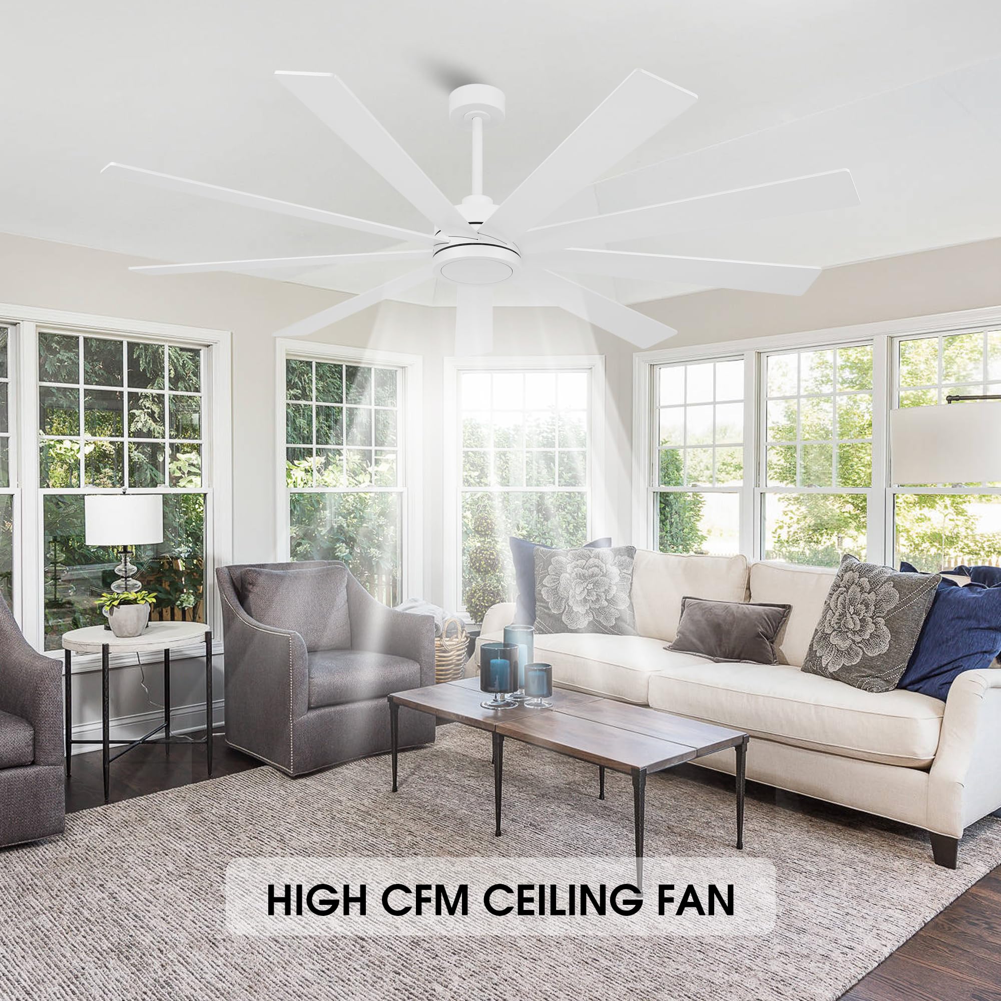 Elehinser 64'' Ceiling Fan No Light White, 6 Speed Noiseless Reversible Dc Motor, 9 Blades Industrial Ceiling Fan With Remote An