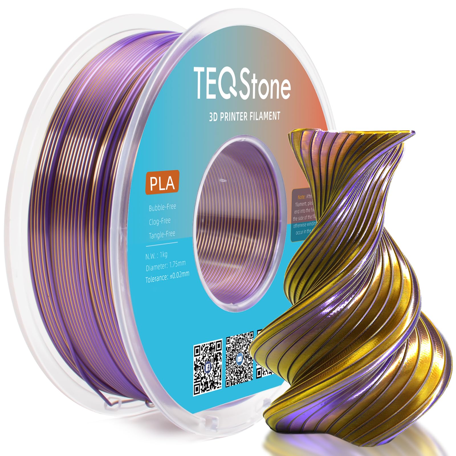 TEQStone Dual Color Silk PLA Filament 1.75mm Gold Purple 1KG, Shiny High Gloss Finish, Seamless Color Transition, Neatly Wound, 