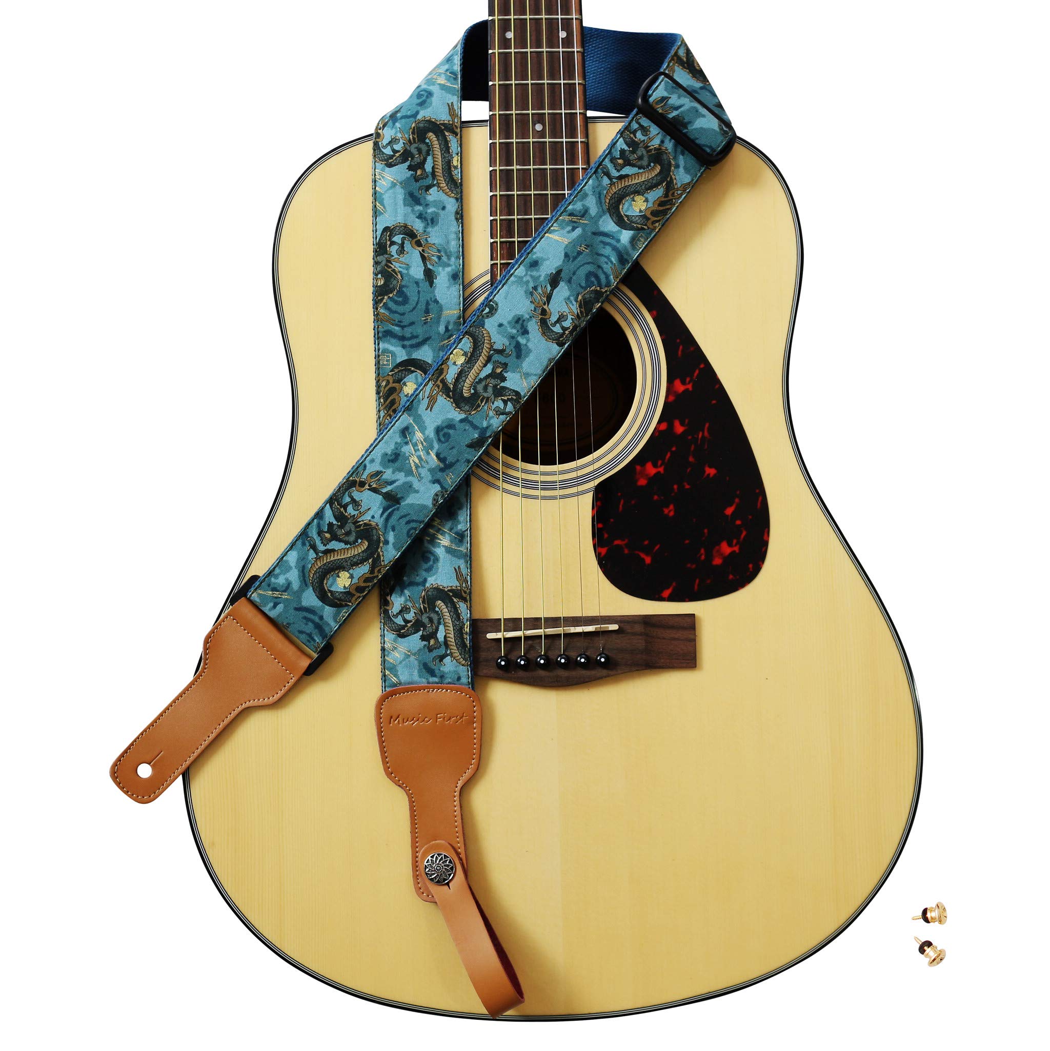 MUSIC FIRST Original Design, 2 inch width (5cm), Ukiyoe Style The Dragon King    Soft Muslin & Genuine Leather Delux Guitar Stra
