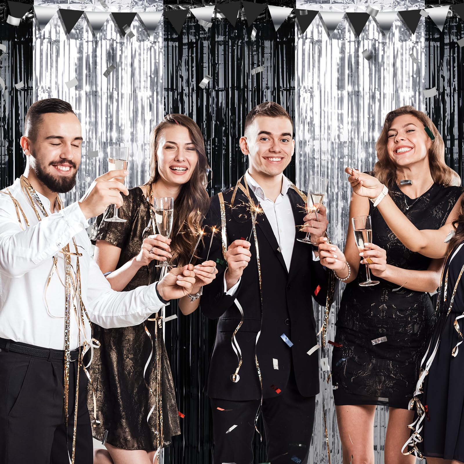 6 Pack 3.3Ft X 6.6Ft Graduation Foil Fringe Curtain Backdrop Decorations, Black Silver Metallic Tinsel Foil Streamers Curtain Ph