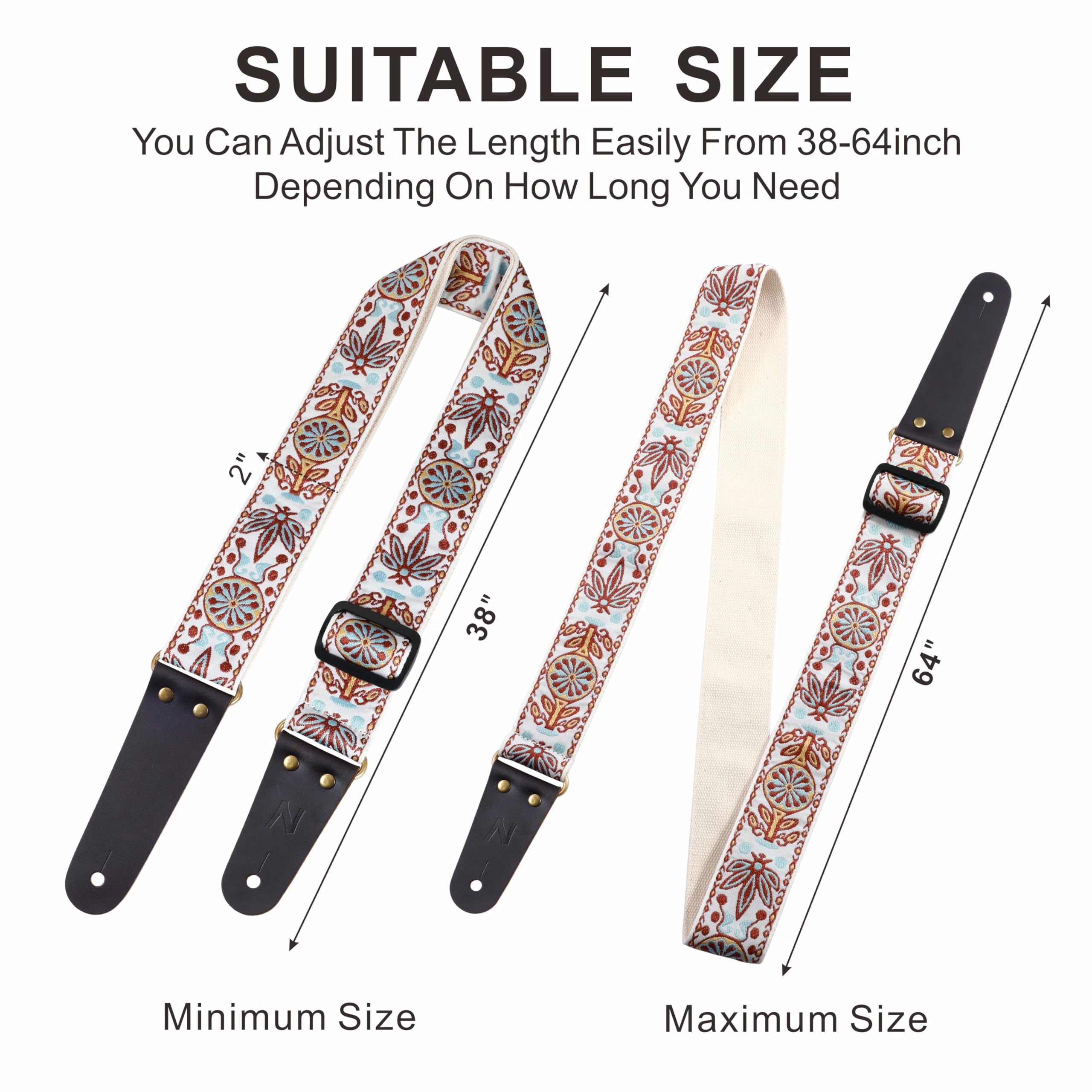 Nefelibata Guitar Strap   Vintage Embroidered Cotton Guitar Straps With Genuine Leather Ends For Bass, Electric & Acoustic Guita