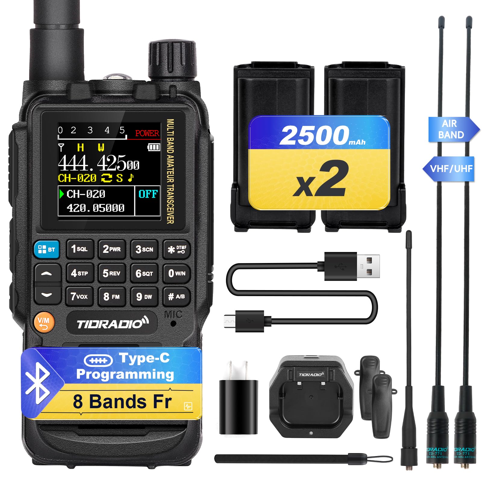 Tidradio Td H3 Ham Radio Handheld(2Pcs Batteries), 8 Bands, Wireless &Type C Programming, Frequency Match, Air Band &771 Long An