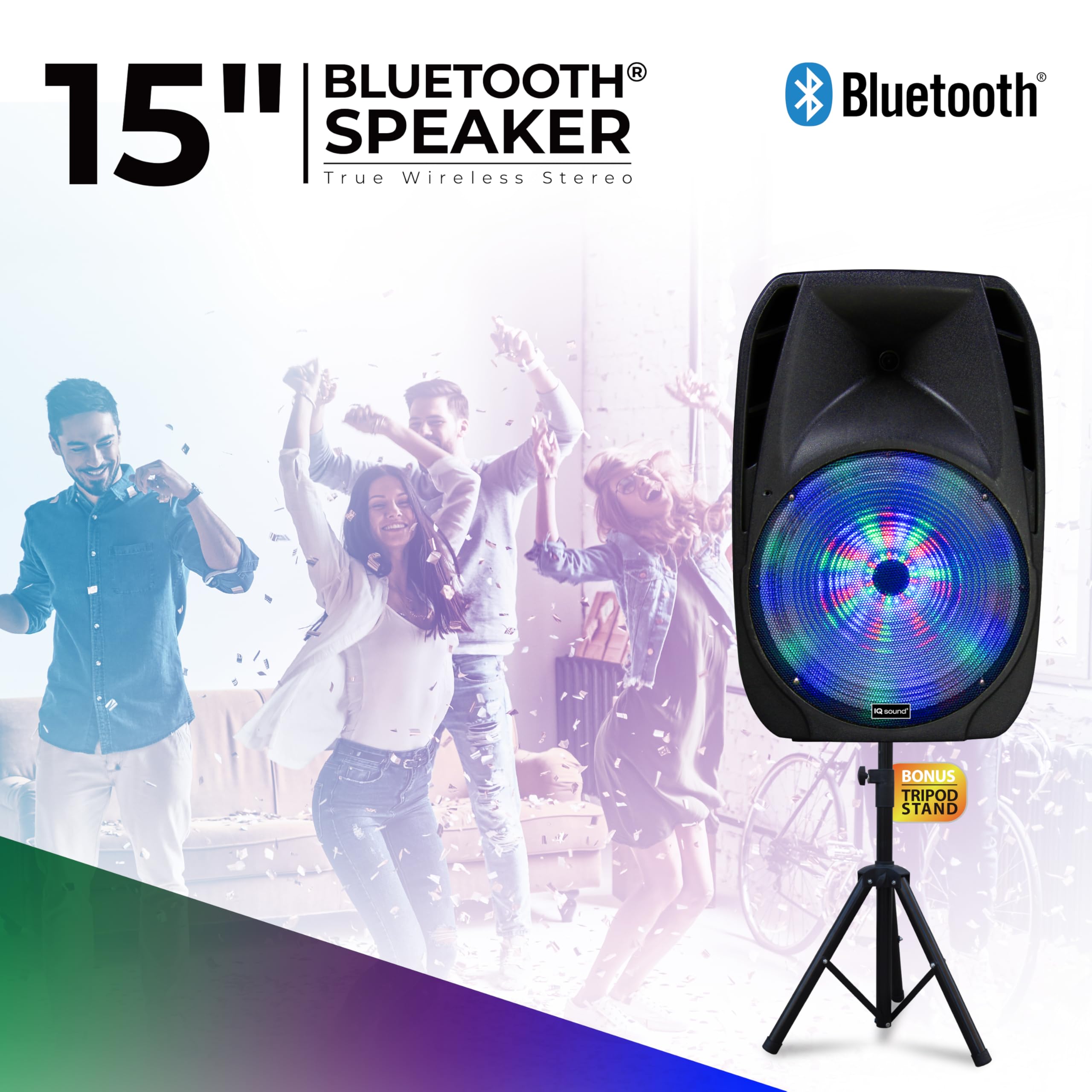 Iq Sound Iq-4415Djbt 15-Inch Professional Bluetooth Speaker With Tripod Stand, 900 Watts, Moonlight Glow, Usb/Micro Sd/Mic Input