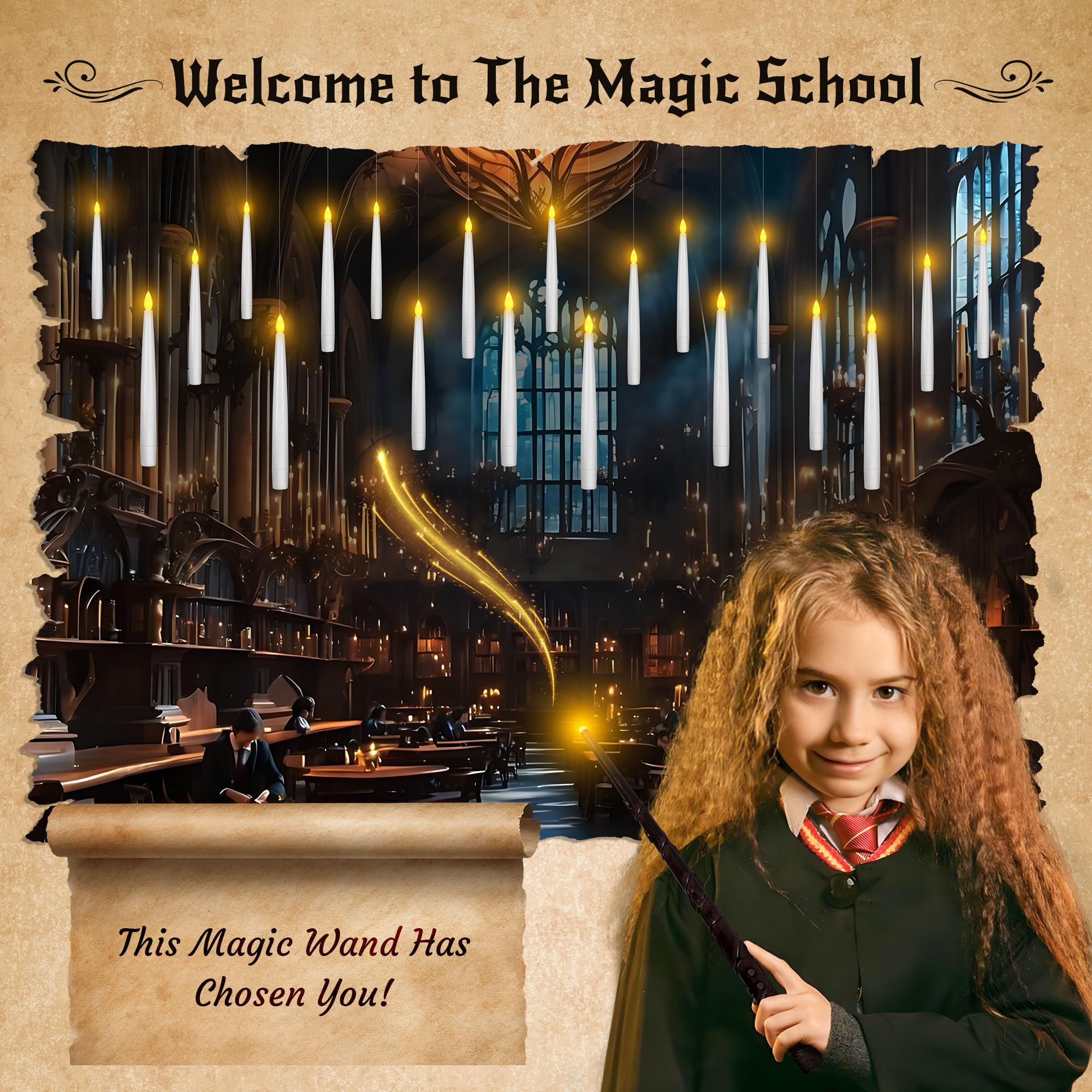 Halloween Decor Floating Candles With Wand, 20Pcs Magic Hanging Candles With Remote,6.9In Flameless Taper Led Candles Battery Op