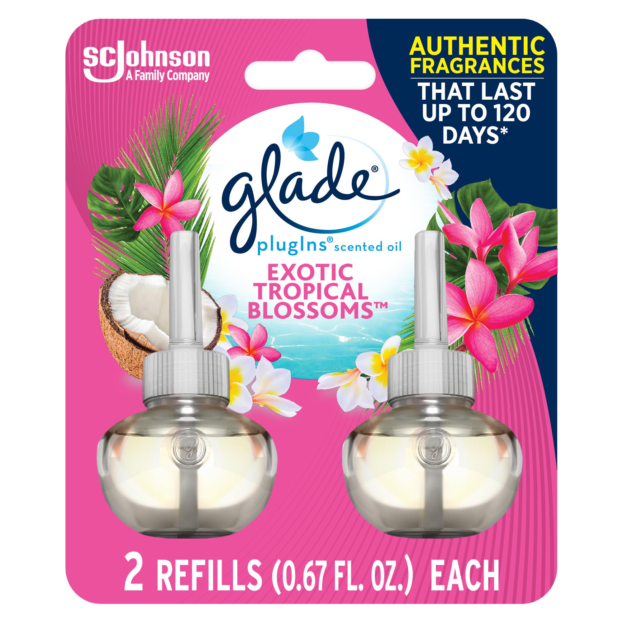 Glade Plugins Refills Air Freshener, Scented And Essential Oils For Home And Bathroom, Exotic Tropical Blossoms, 1.34 Fl Oz, 2 C