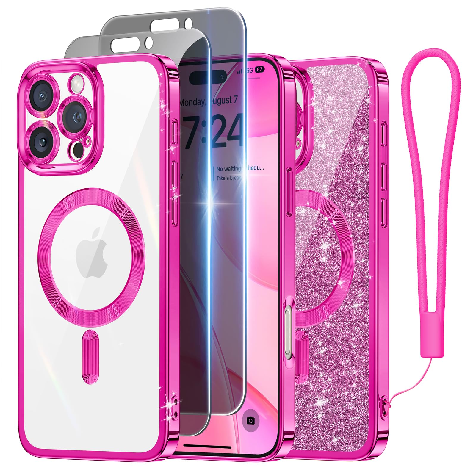 Meifigno For Iphone 16 Pro Max Case With 2X Privacy Screen Protectors, [Glitter Card & Wrist Strap][Compatible With Magsafe] Sur