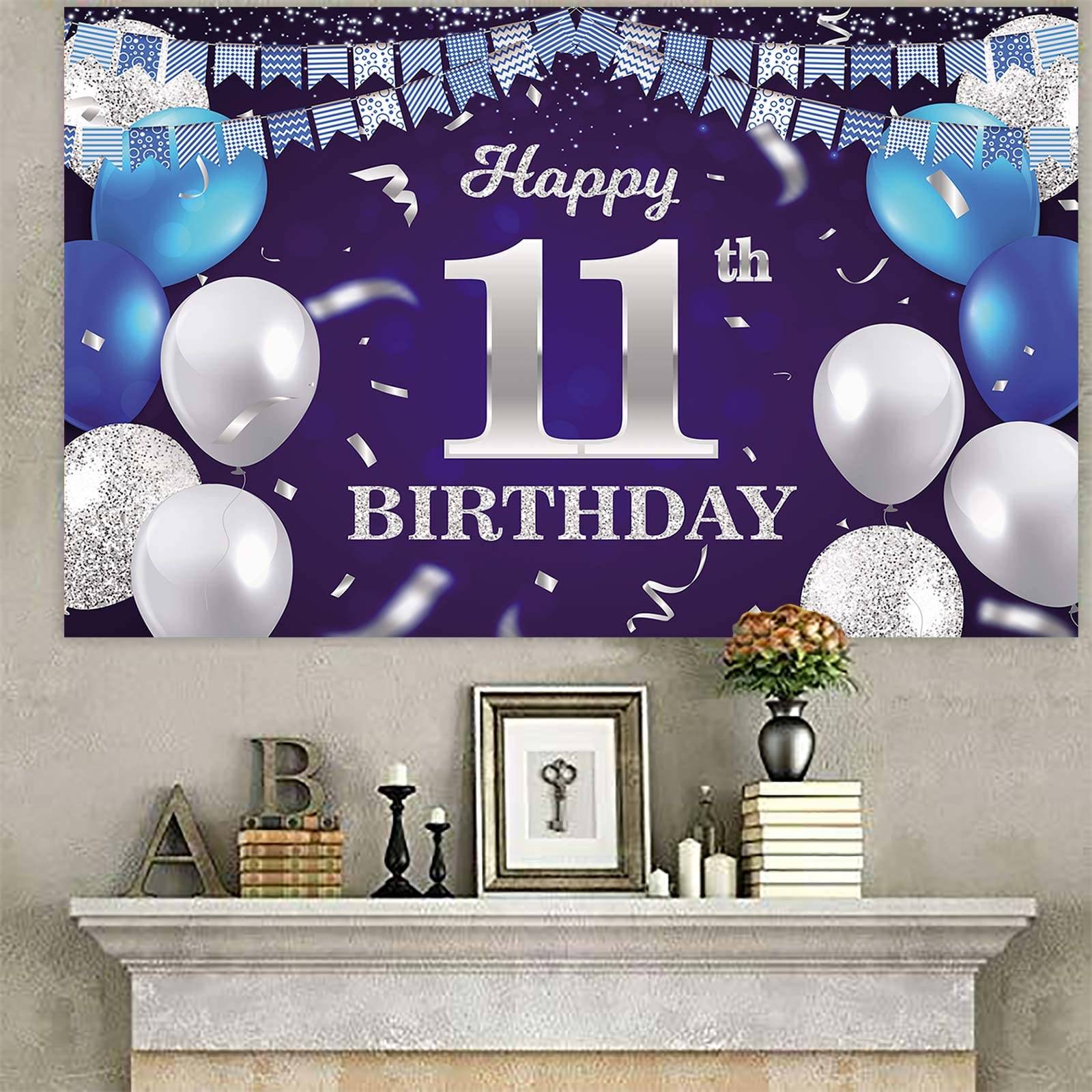 Happy 11Th Birthday Banner Backdrop Navy Blue Balloons Confetti Stripe Flag Light Spots Cheers To 11 Years Old Theme Decorations