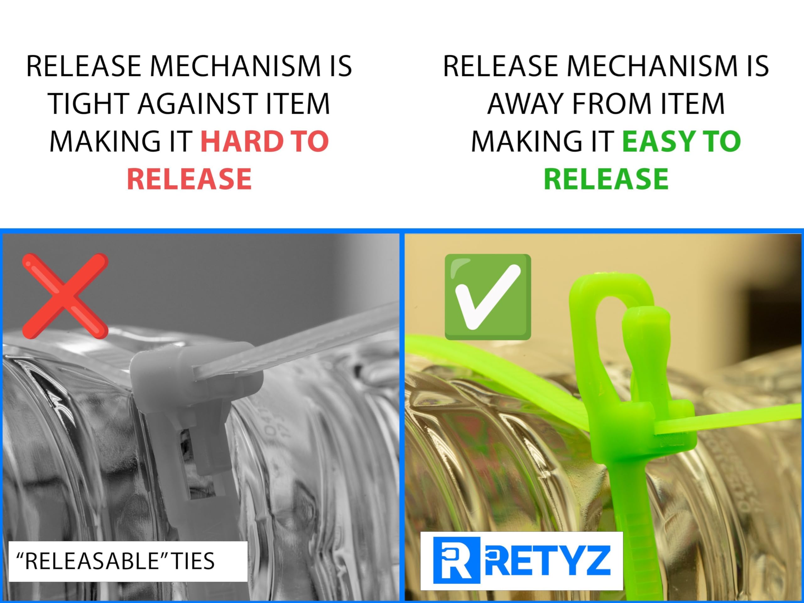 Retyz 12 Inch Fluorescent Pink Reusable Releasable Cable Ties   100 Pack, 50 Lb Strength, Patented Quick Release, Tool Free Desi