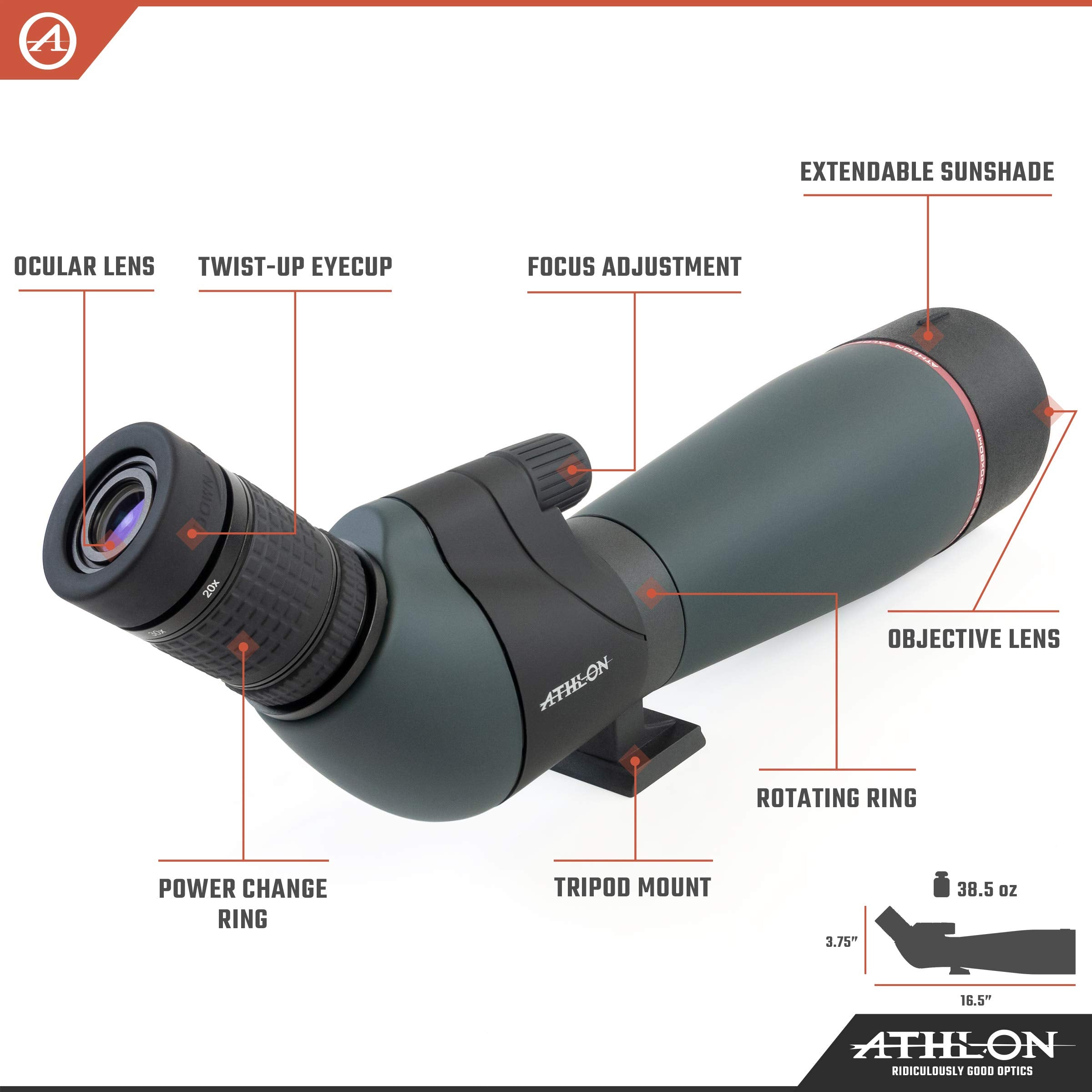Athlon Optics Talos 20-60X80 Spotting Scope - Straight, Charcoal Grey
