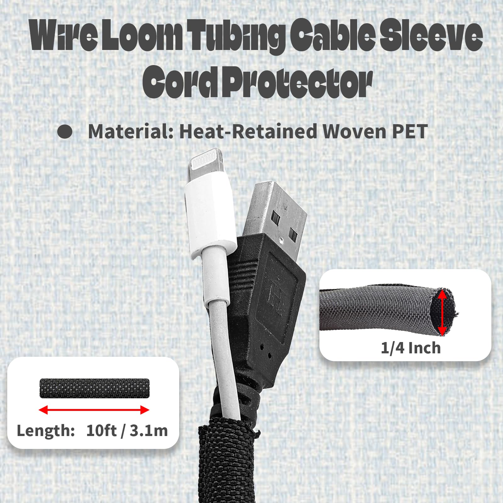 Qjaiune 10Ft   1/4 Inch Black Cable Sleeves Cord Management, Split Sleeving Wire Protector Desk Cord Organizer, Self Wrapping Wi
