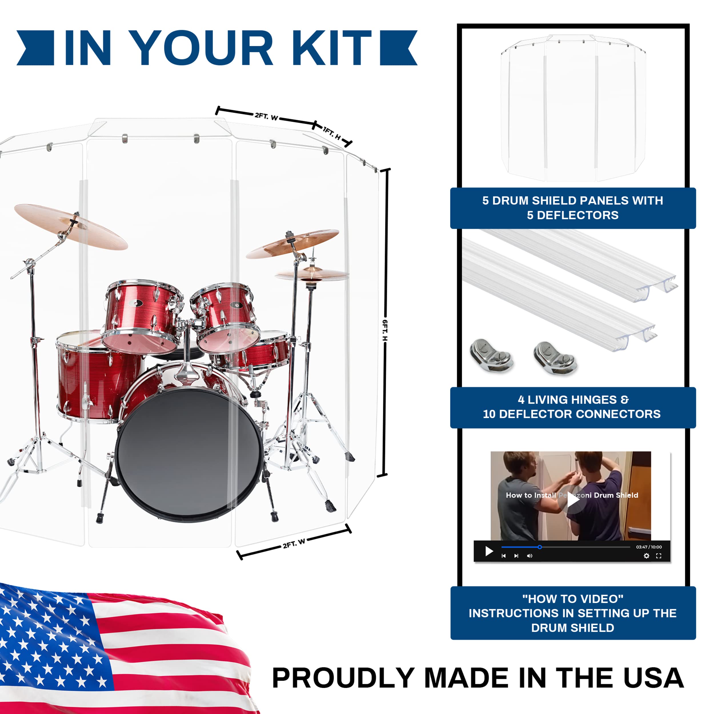 Pennzoni Drum Shield 6Ft W/Deflectors & Plastic Hinges, Comes W/ 5 Drum Panels, Plastic Hinges & Deflector Connectors, Premium C