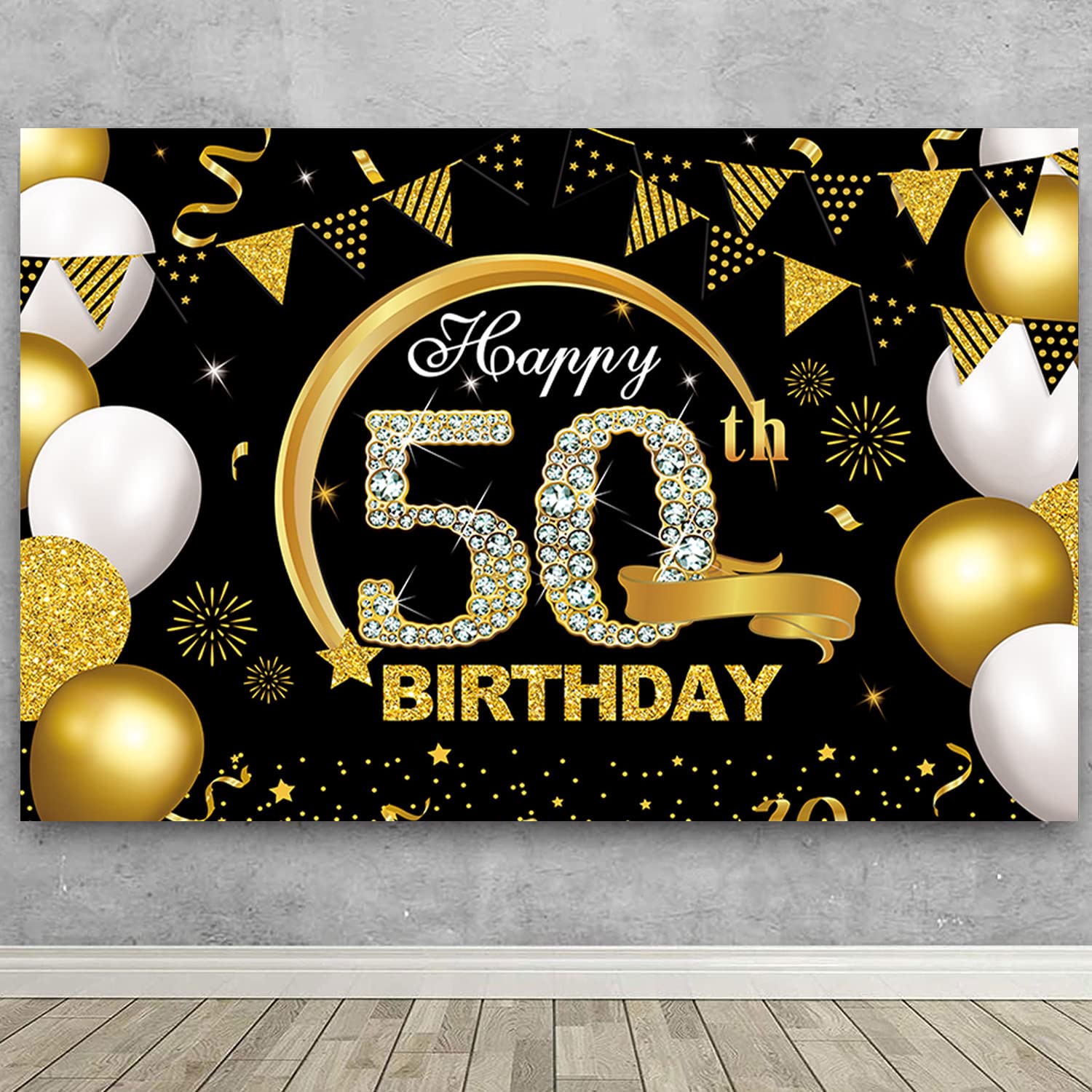 5X3Ft Happy 50Th Birthday Banner Backdrop Black And Gold 50Th Birthday Decorations For Men Women 50 Birthday Sign Party Supplies