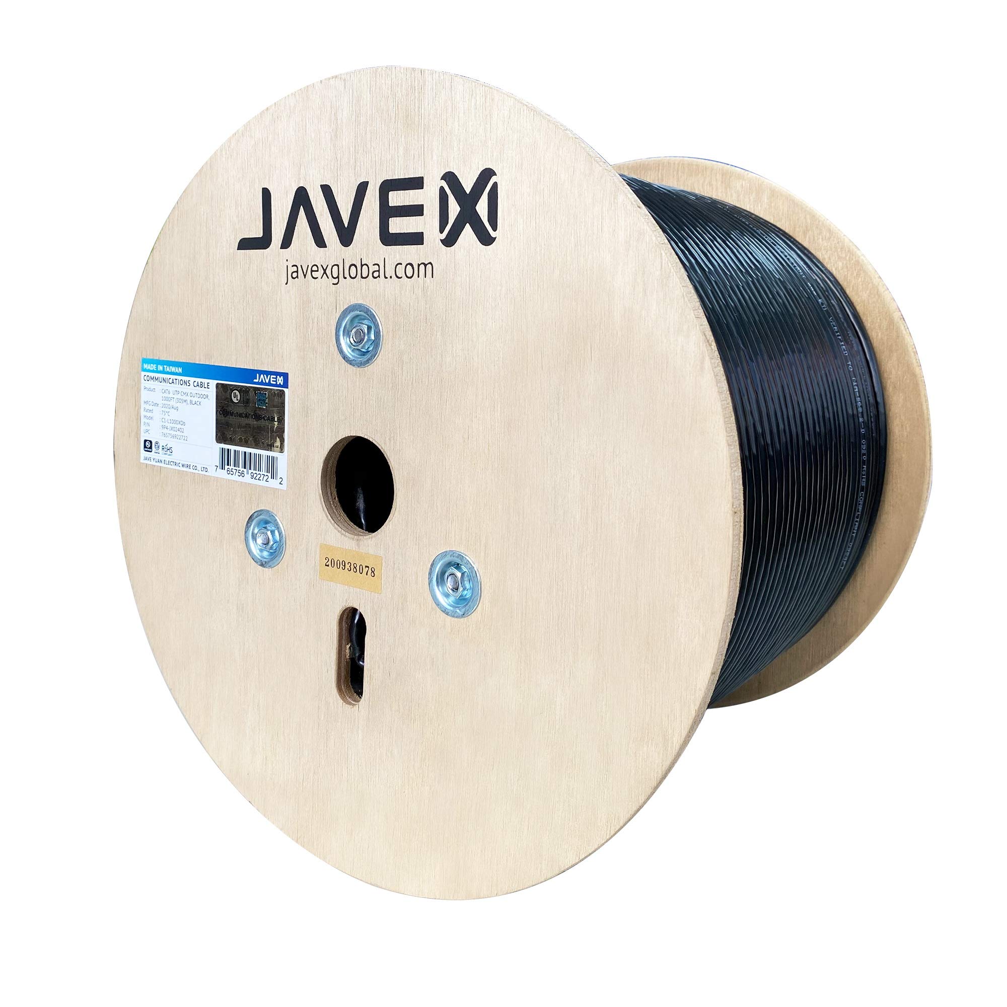 Javex Cat6 Ourdoor Ul Cmx [23Awg Solid Bare Copper] 1000 Ft, 600Mhz, Etl Listed, Uv Resistant And Weather Proof Pe Jacket, Utp Network And Gaming Ethernet Cable, 1000 Feet, Black