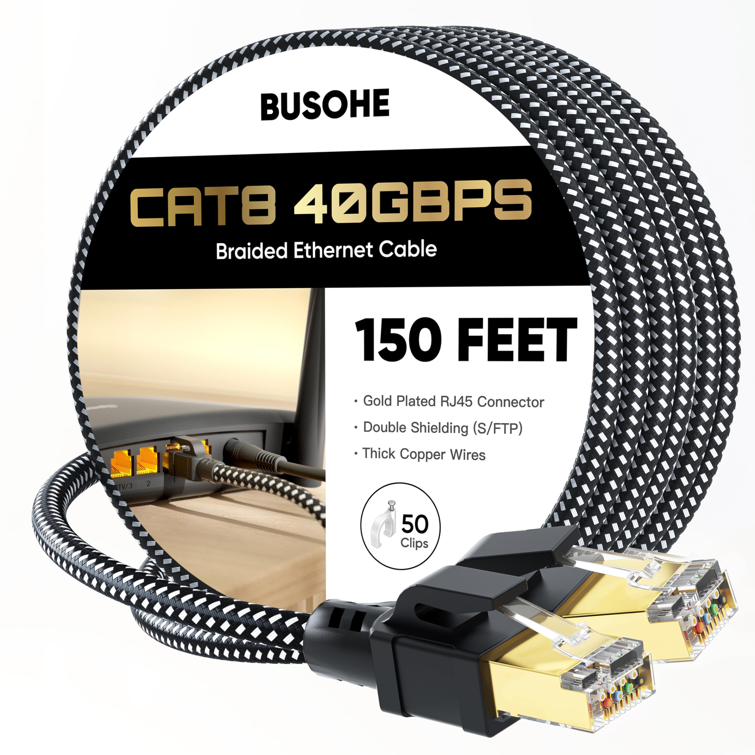 BUSOHE Cat 8 Ethernet Cable 150 FT, High Speed 40Gbps 2000Mhz Braided Network Internet Cable with Gold Plated RJ45 Connector, He