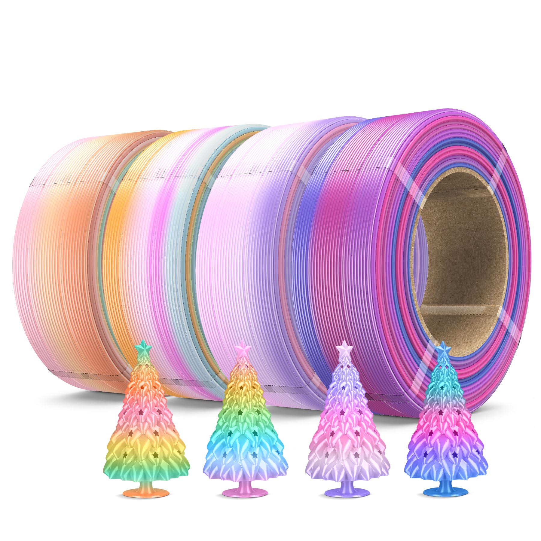 SUNLU 500g Silk Rainbow PLA Filament Refill Bundle, No-Spool Silk PLA Plus 3D Printer Filament 4 Packs, Compatible with Bambu La