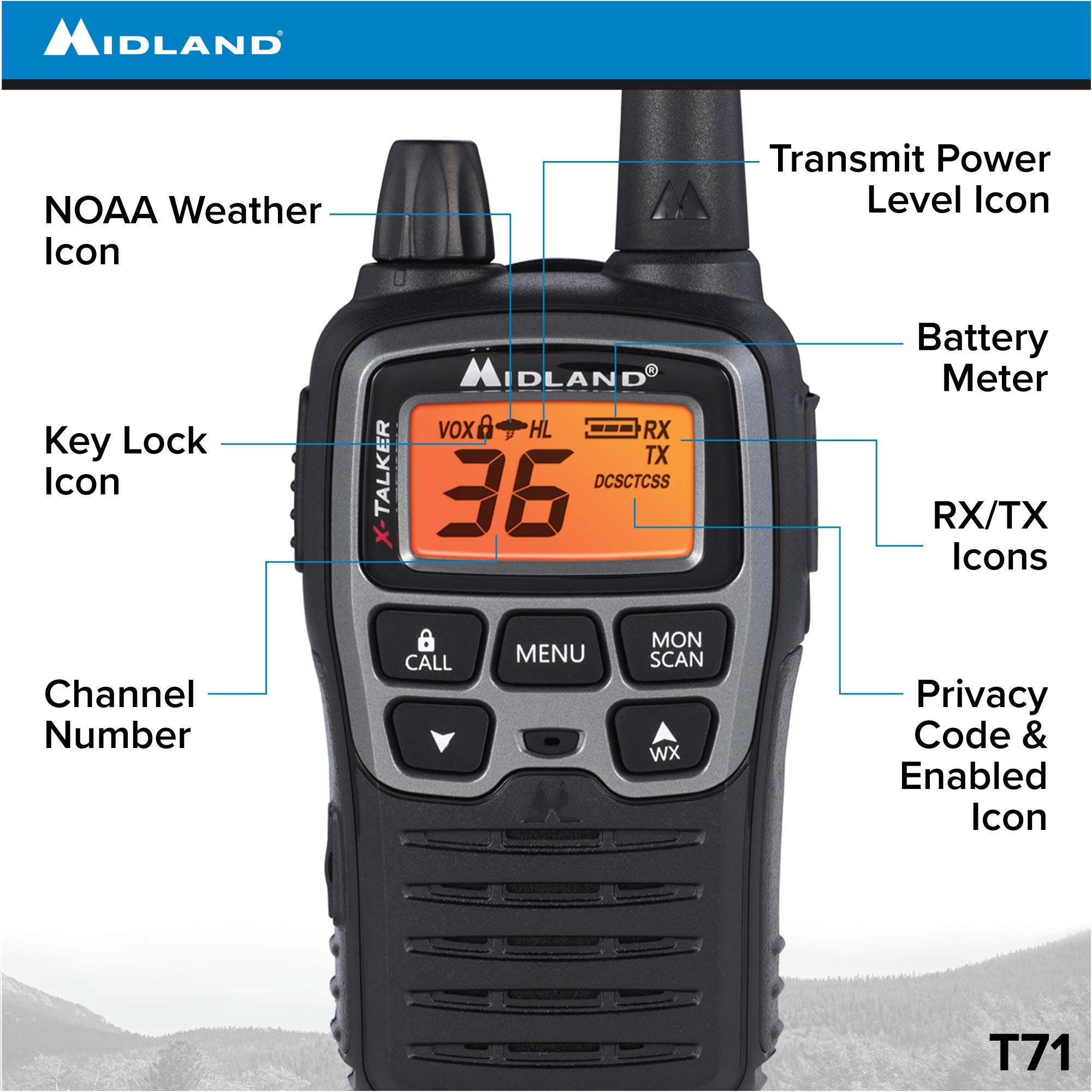 Midland T71Vp3 36 Channel Frs Two Way Radio   Up To 38 Mile Range Walkie Talkie   Black/Silver (Pack Of 6)