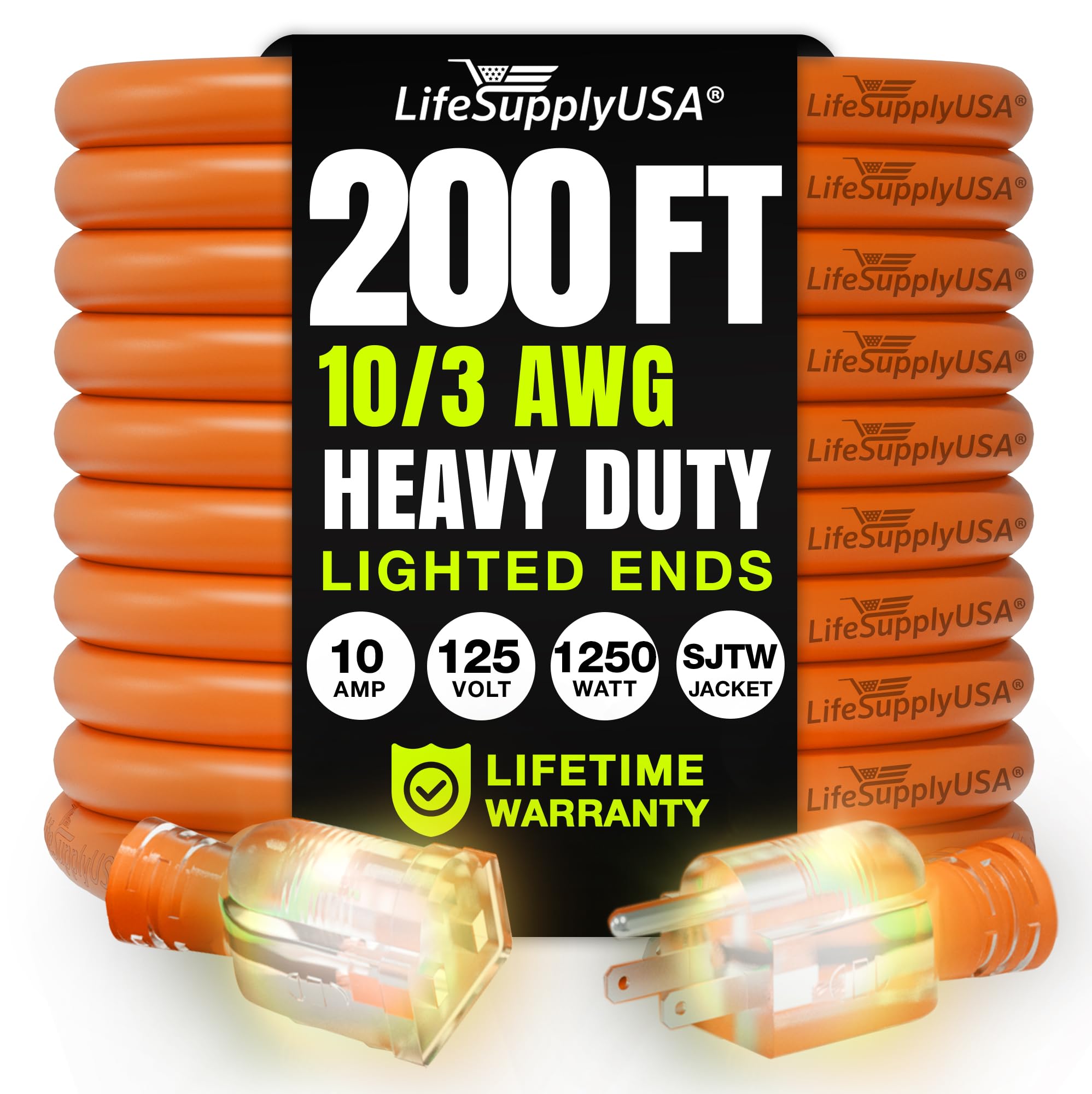 Lifesupplyusa 200Ft Outdoor/Indoor Extension Cord 10/3 Gauge Ultra Heavy Duty 3 Prong Sjtw, Waterproof, Flexible Cold Resistant