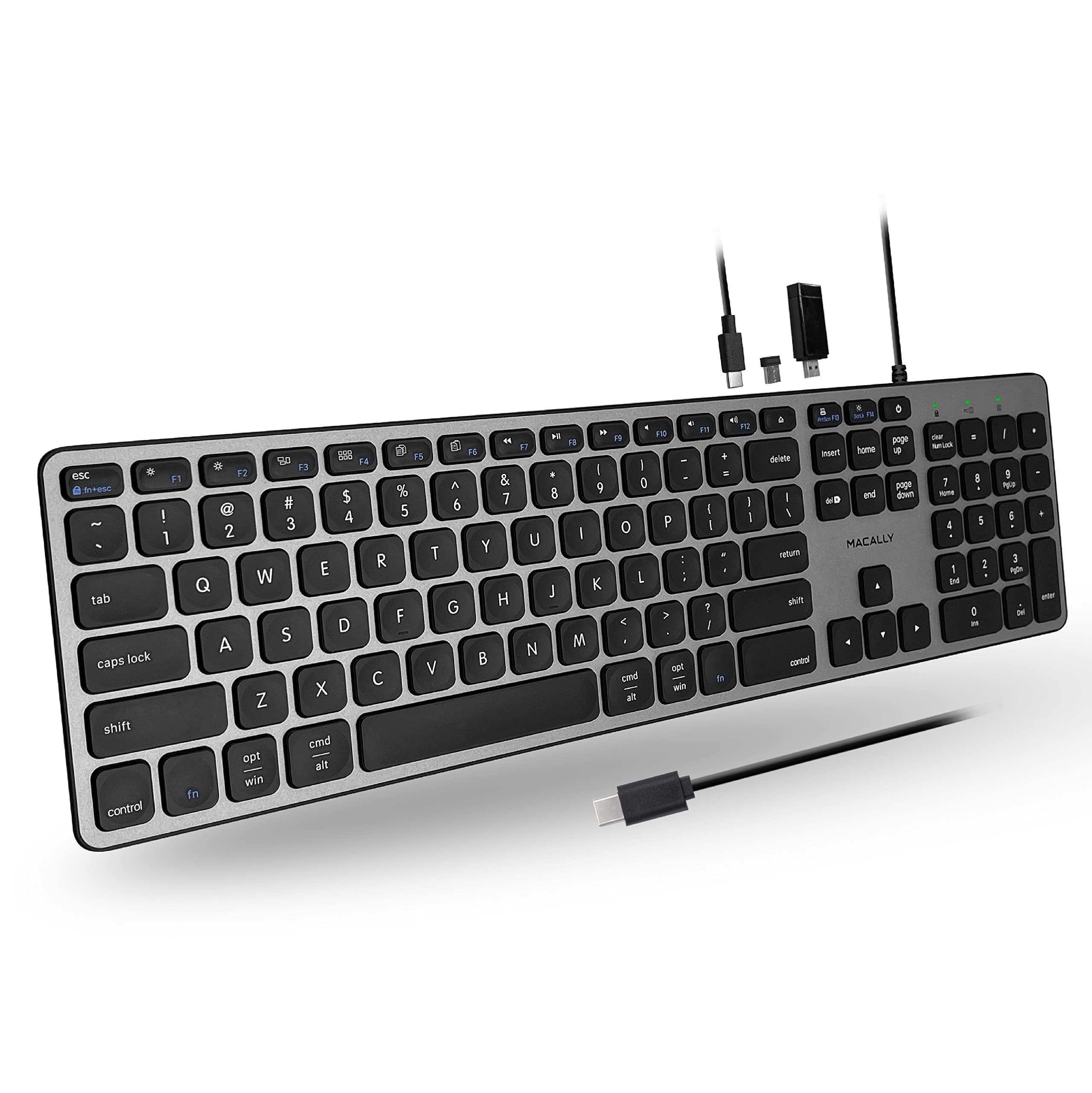 Macally Premium Wired Usb C Keyboard With Usb Ports   Connect Up To 3 Devices   (2X Usb A |1X Usb C Ports)   Wired Keyboard For