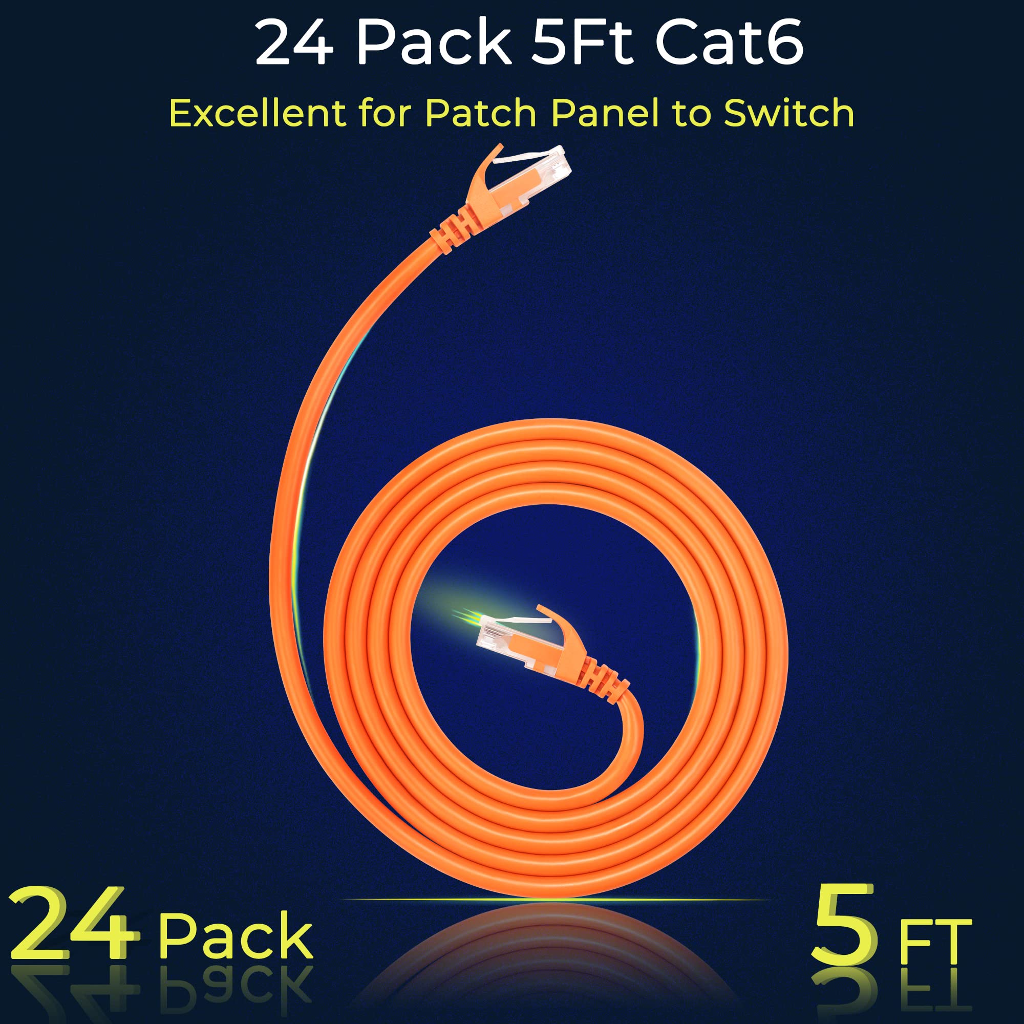 Rapink Patch Cables Cat6 5Ft (24 Pack), Ethernet Patch Cable 10G Support, Cat 6 Patch Cable For Patch Panel To Switch, Flexiable Cat 6 Ethernet Cable With Gold Plated Orange