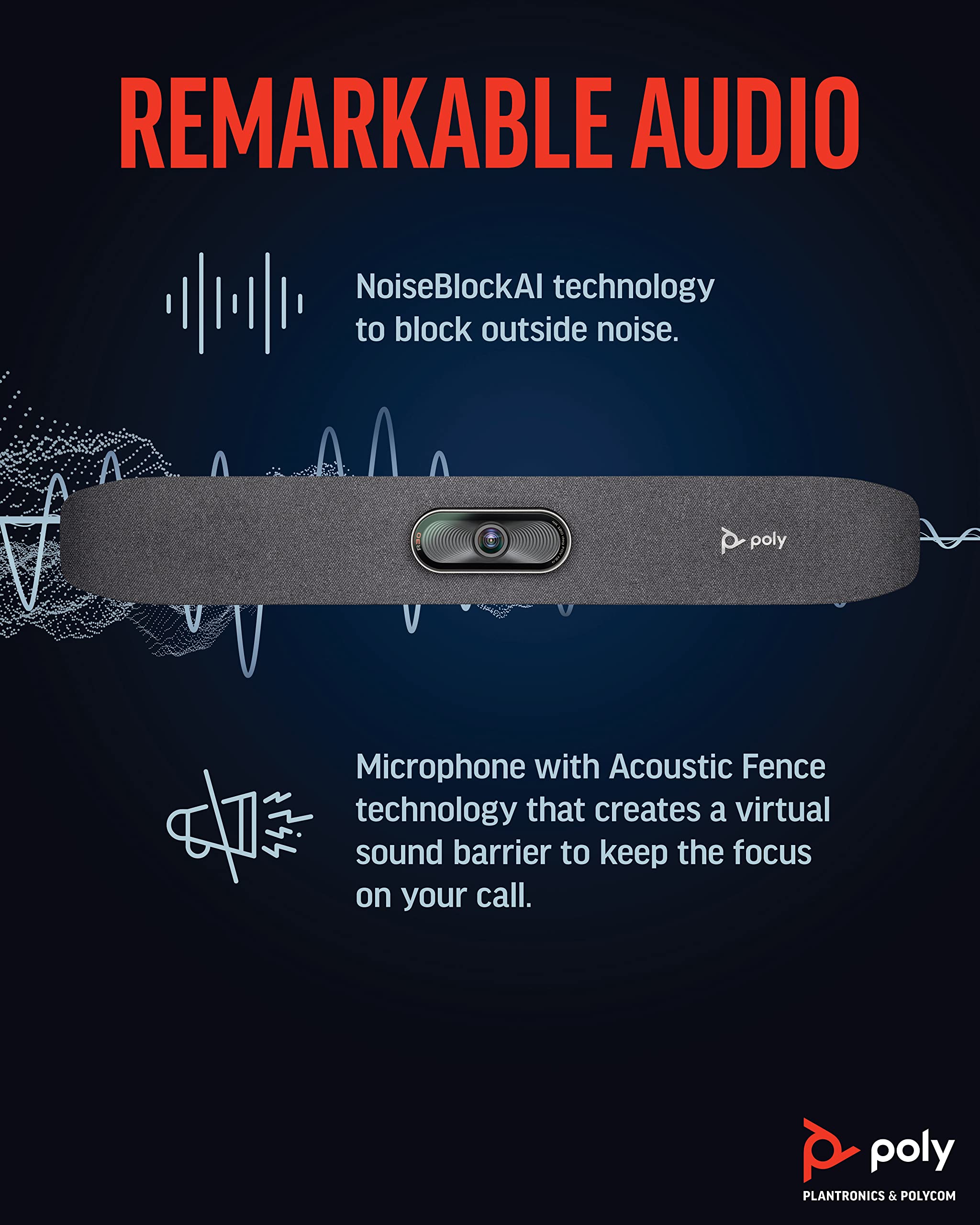 Poly (Plantronics + Polycom) Studio R30 4K Video Conference System   Camera, Mic, And Speaker Bar For Small Rooms Presenter Trac